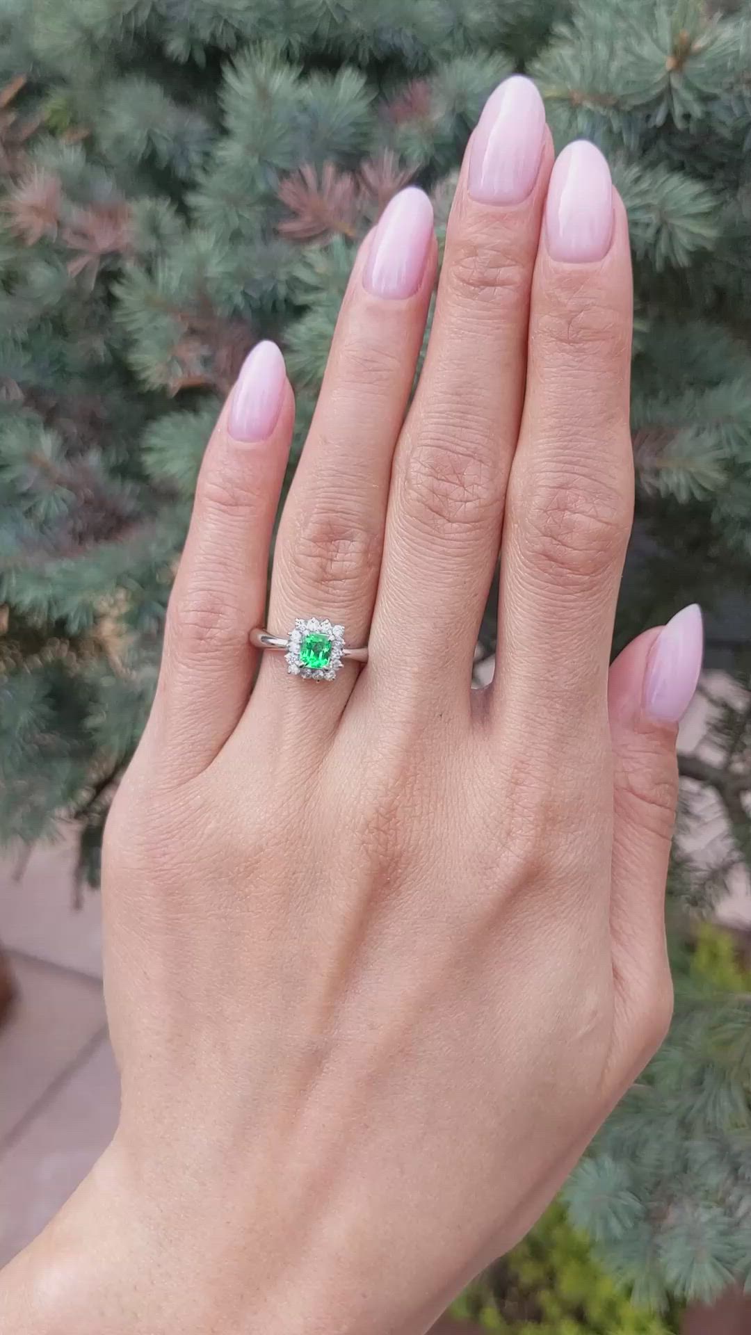 0.45 Ct. Emerald and Natural Diamond Pave Ring, Platinum 950 Size Video