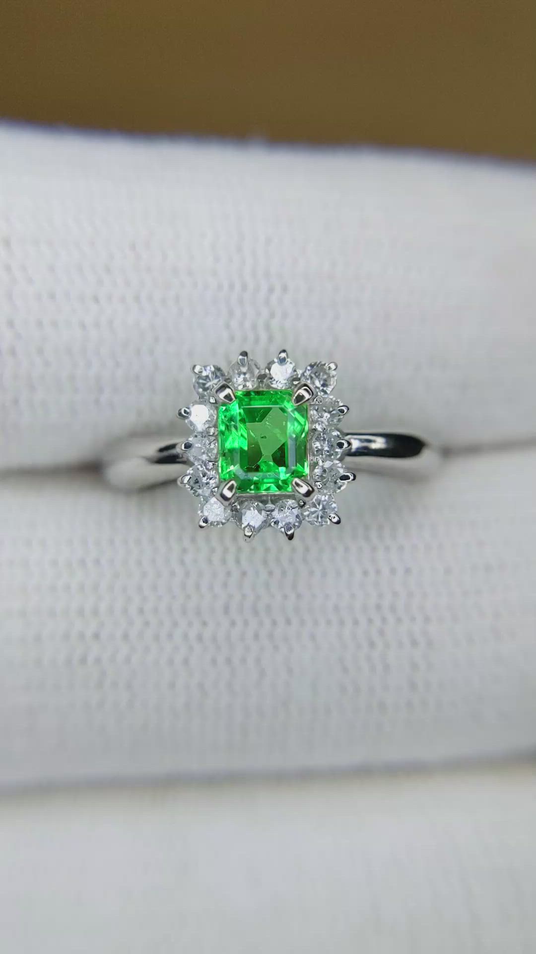 0.45 Ct. Emerald and Natural Diamond Pave Ring, Platinum 950 Size Video