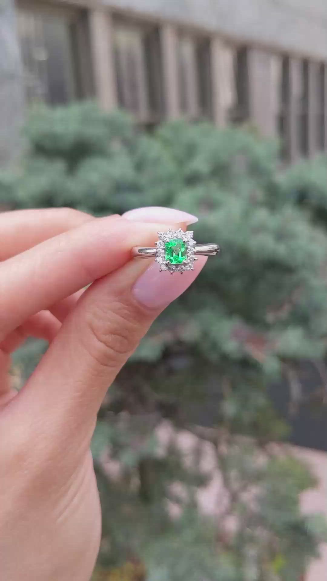 0.45 Ct. Emerald and Natural Diamond Pave Ring, Platinum 950 Size Video