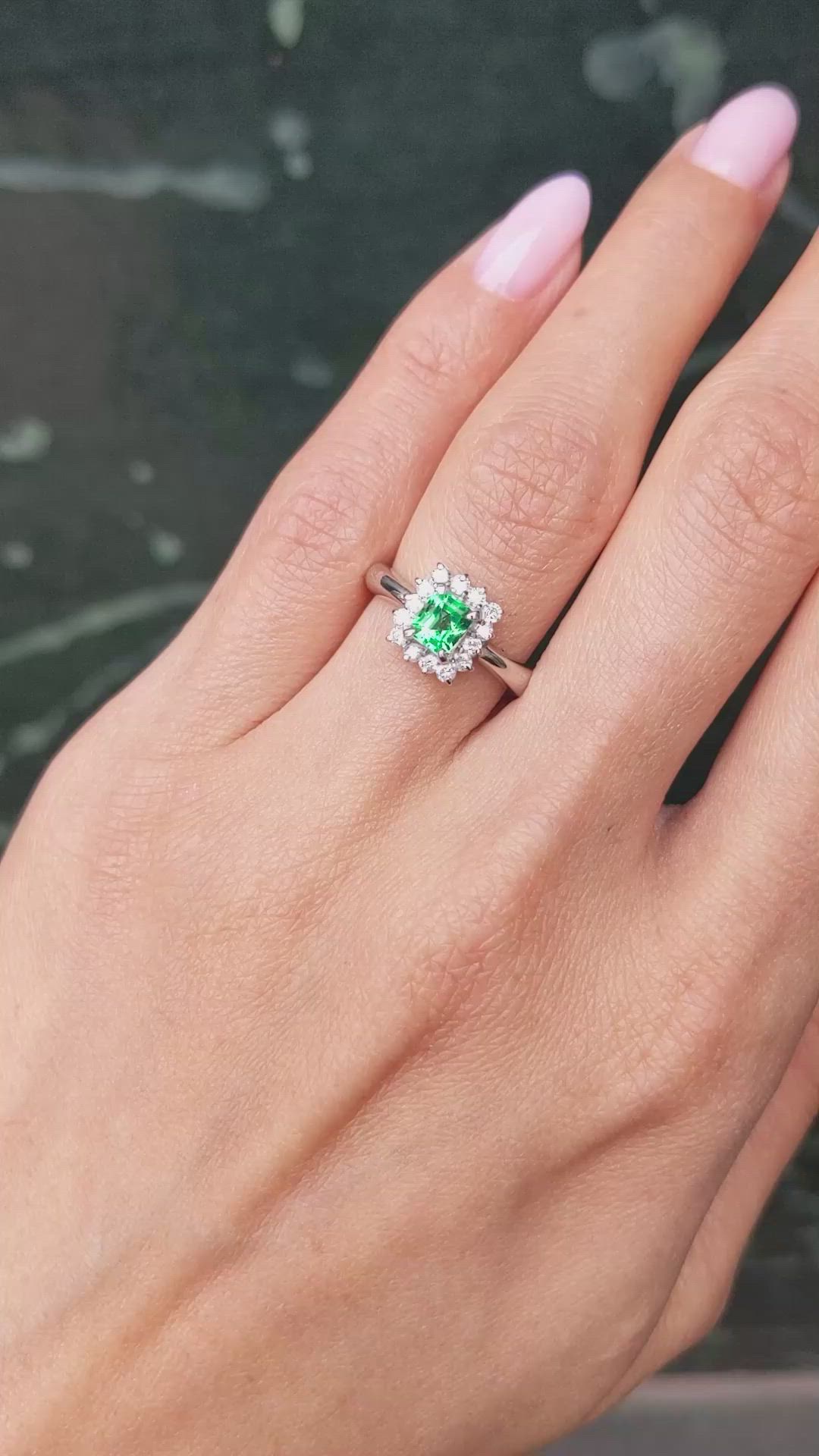 0.45 Ct. Emerald and Natural Diamond Pave Ring, Platinum 950 Size Video