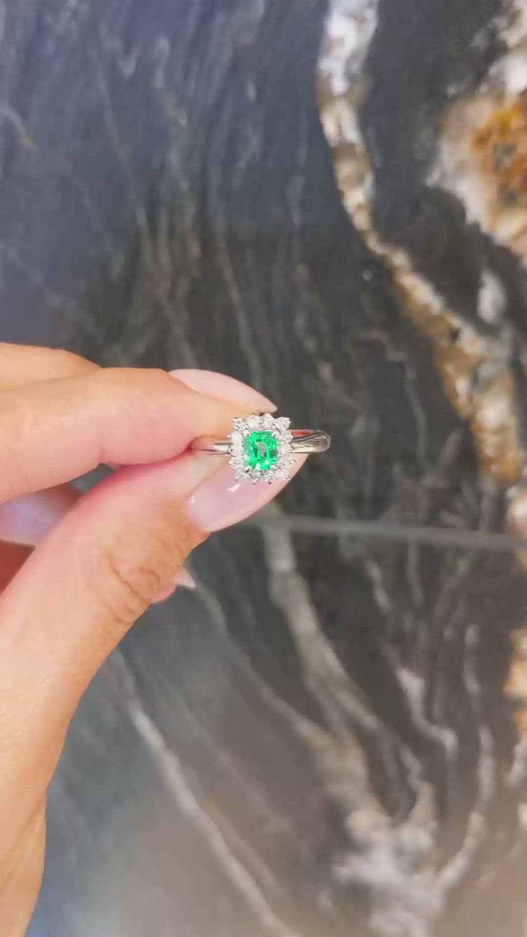 0.45 Ct. Emerald and Natural Diamond Pave Ring, Platinum 950 Size Video