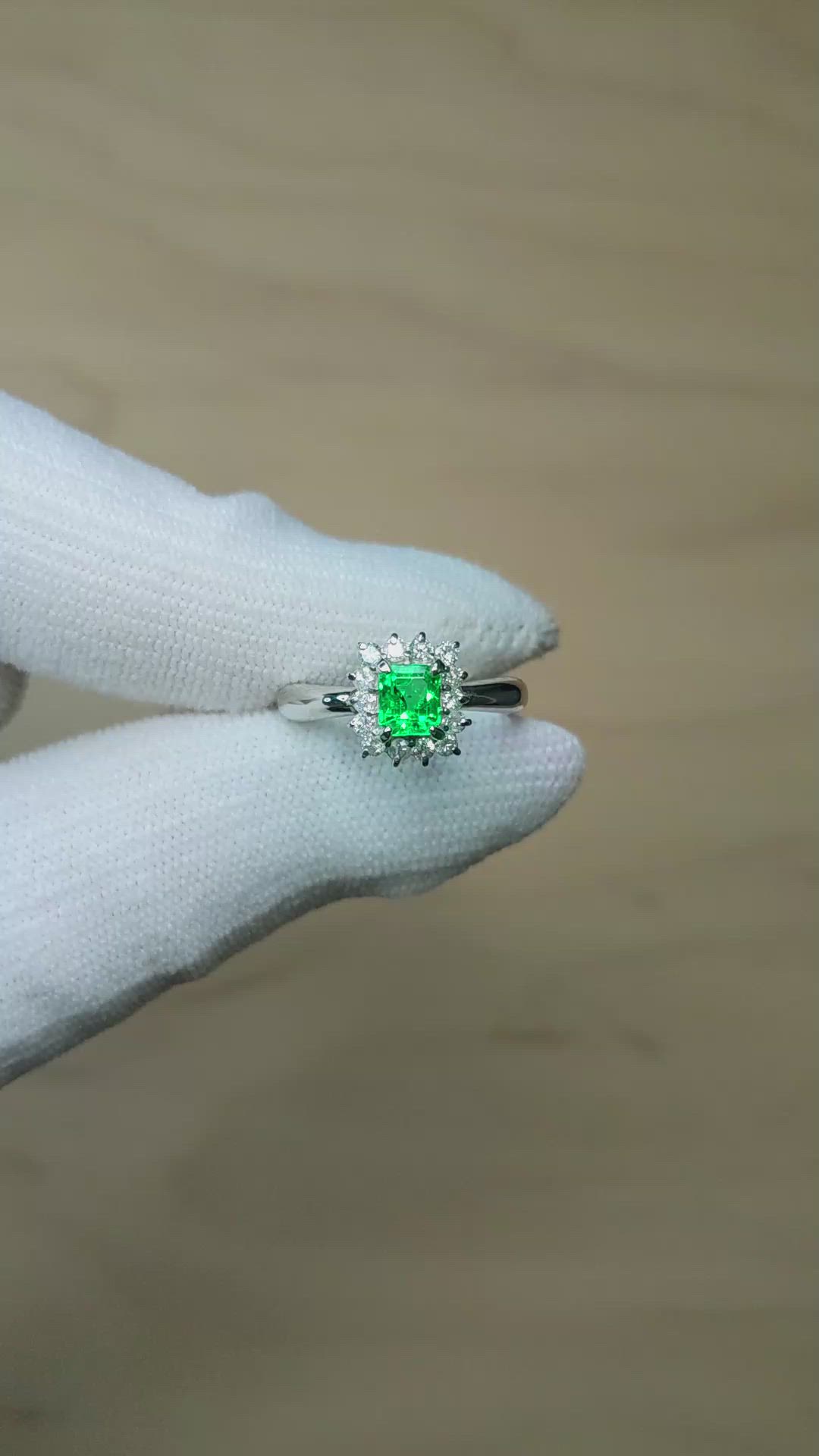 0.45 Ct. Emerald and Natural Diamond Pave Ring, Platinum 950 Size Video