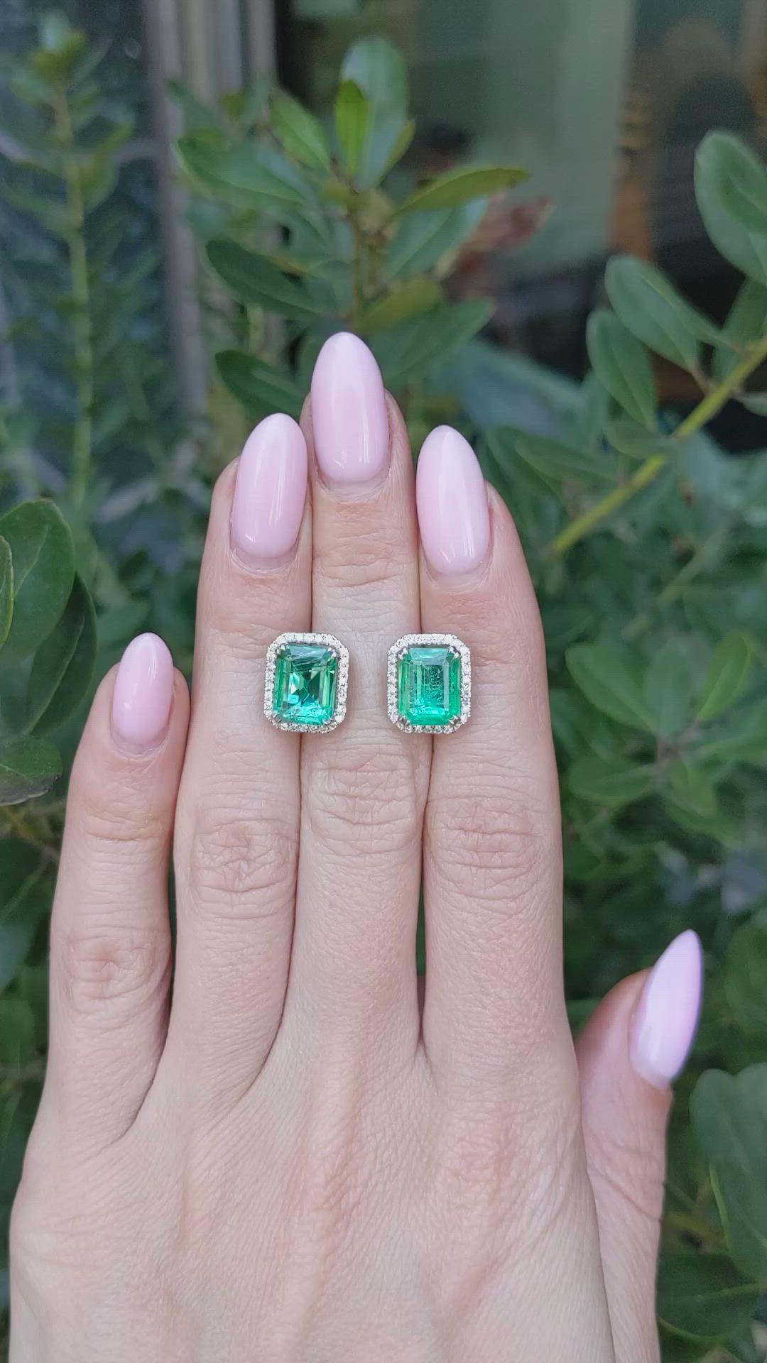 4.47&nbsp;Ct.Tw.Total Carat Weight Emerald and Natural Diamond Studs Earrings, 14K White Gold Size Video