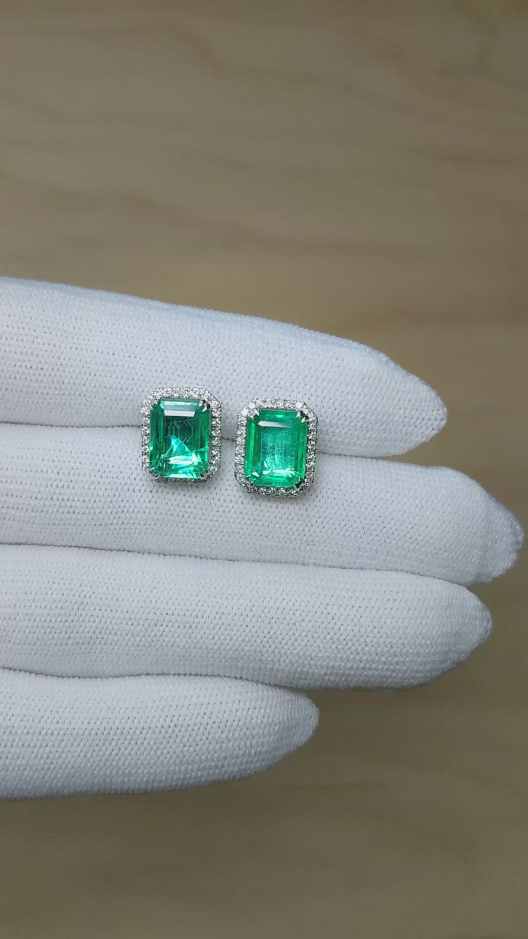4.47&nbsp;Ct.Tw.Total Carat Weight Emerald and Natural Diamond Studs Earrings, 14K White Gold Size Video