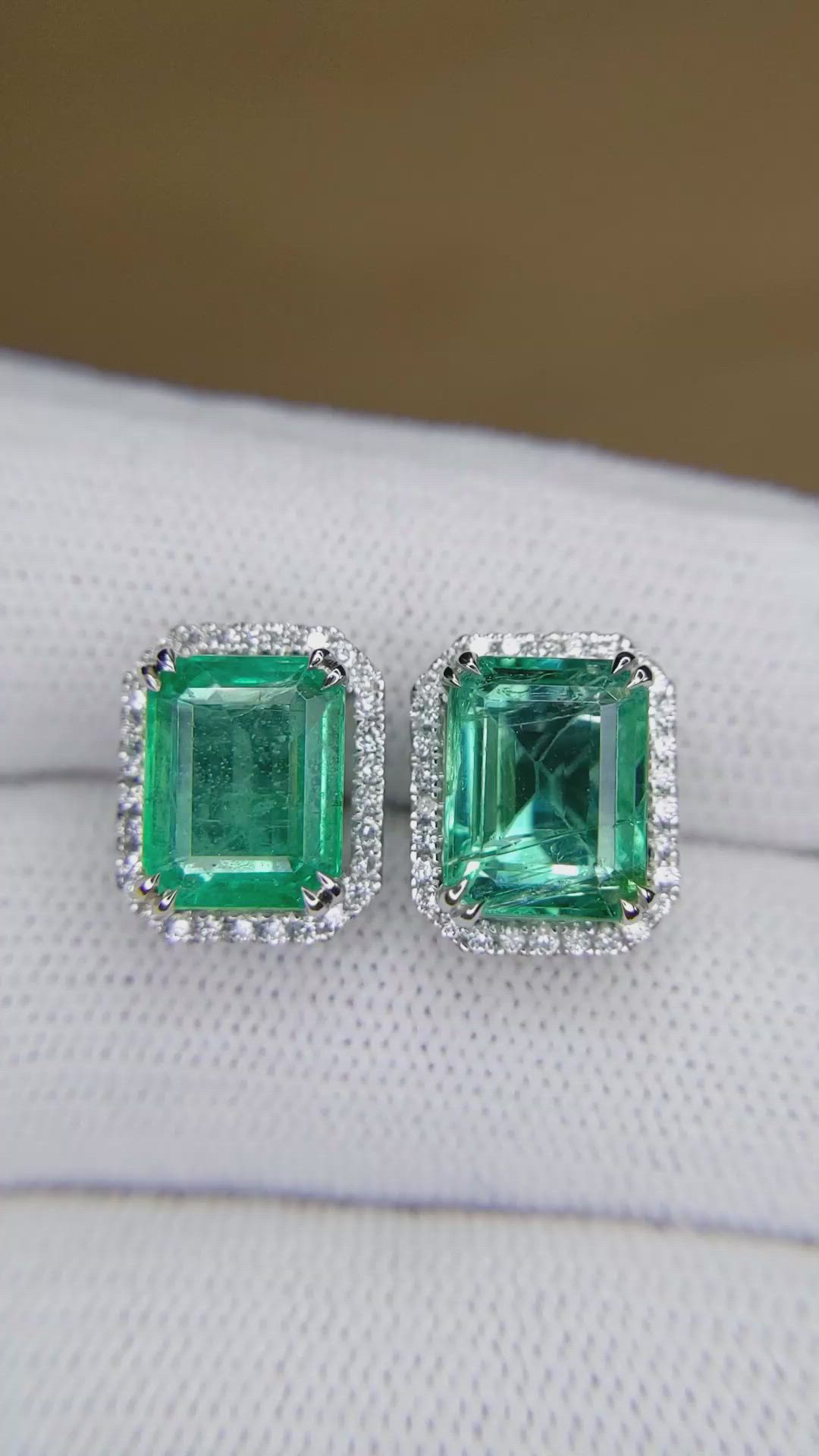 4.47&nbsp;Ct.Tw.Total Carat Weight Emerald and Natural Diamond Studs Earrings, 14K White Gold Size Video