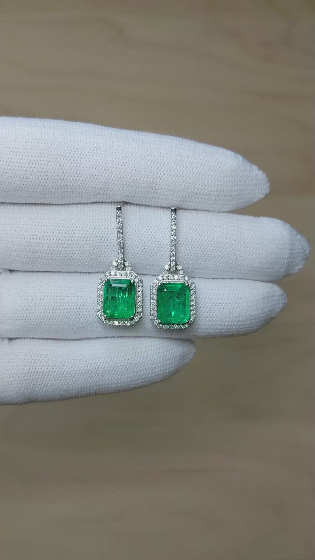 4.43&nbsp;Ct.Tw.Total Carat Weight Emerald and Natural Diamond Pave Earrings, 14K White Gold Size Video