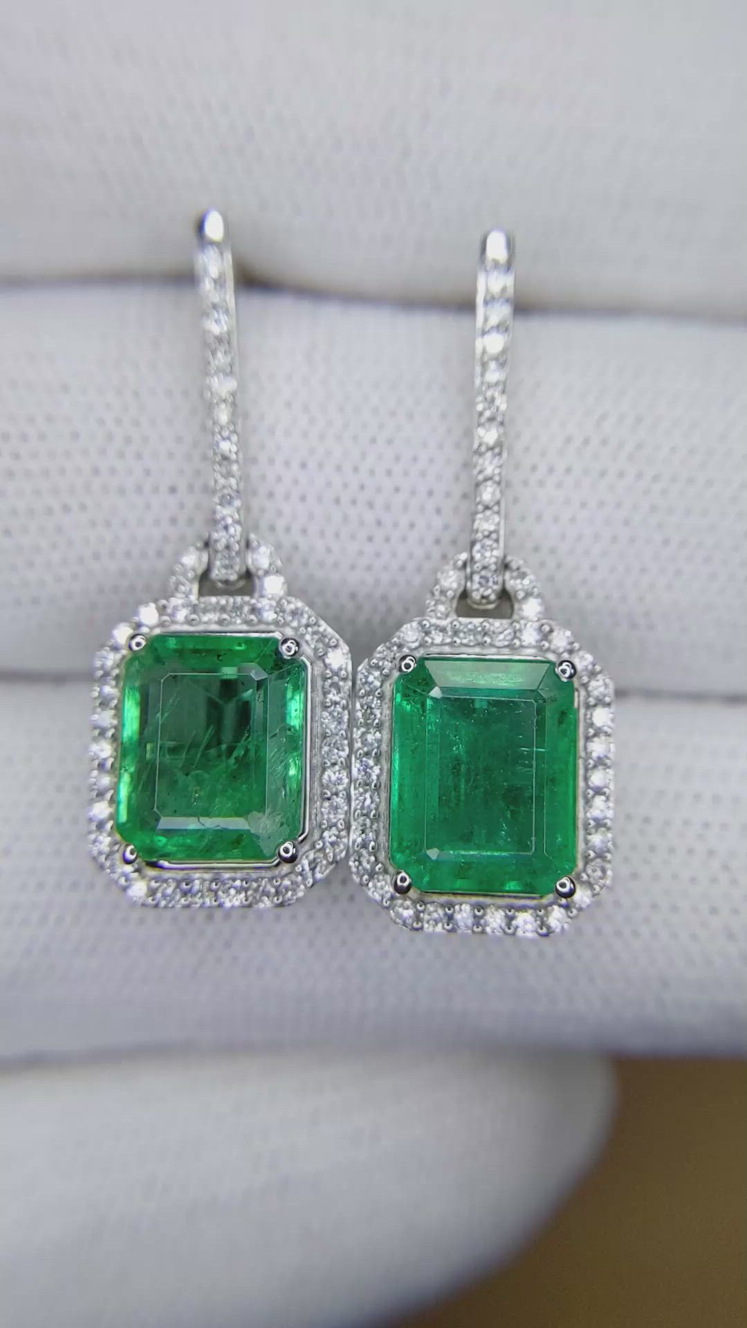 4.43&nbsp;Ct.Tw.Total Carat Weight Emerald and Natural Diamond Pave Earrings, 14K White Gold Size Video