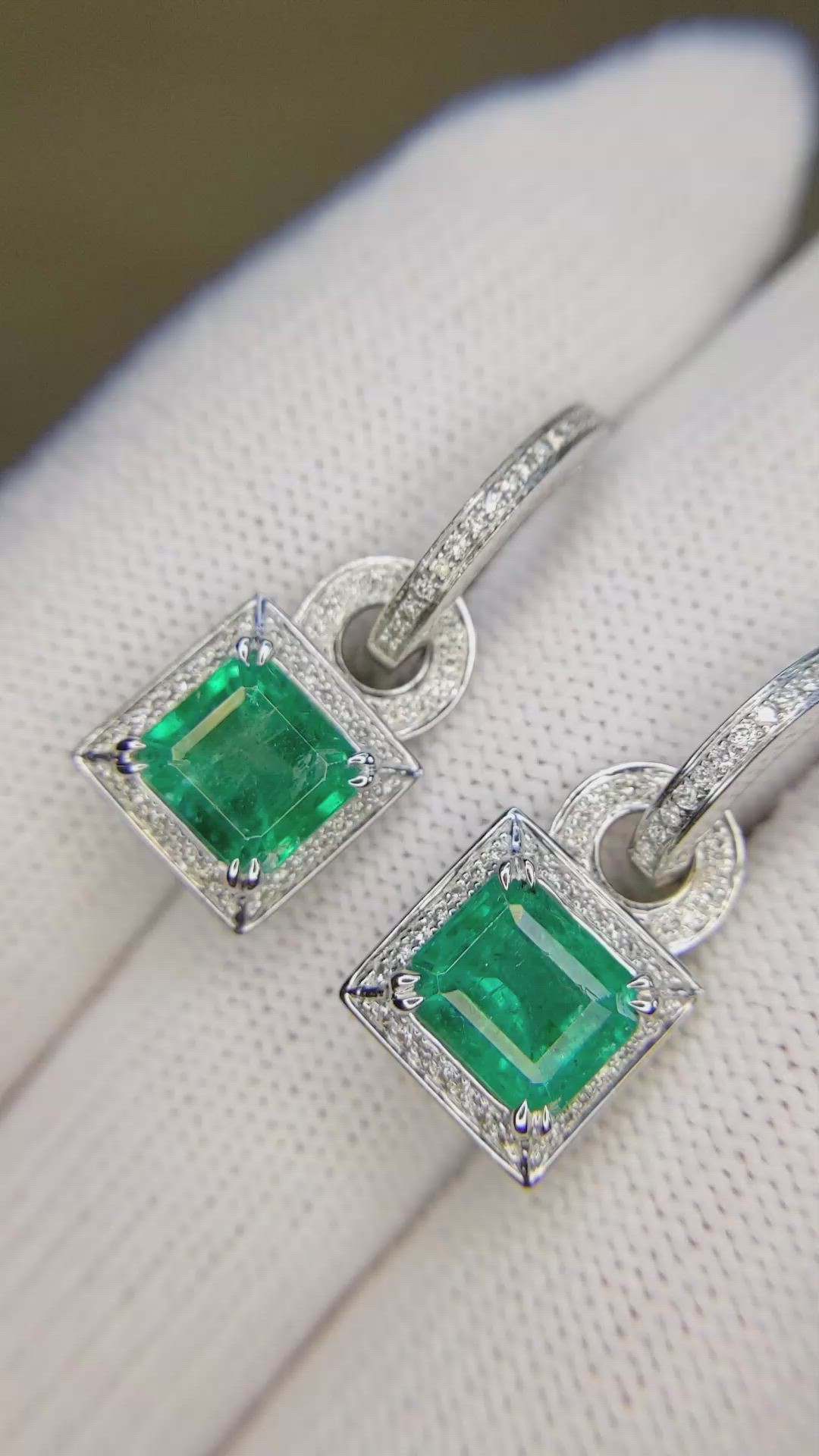 2.77&nbsp;Ct.Tw.Total Carat Weight Emerald Pave Earrings, 14K White Gold Size Video