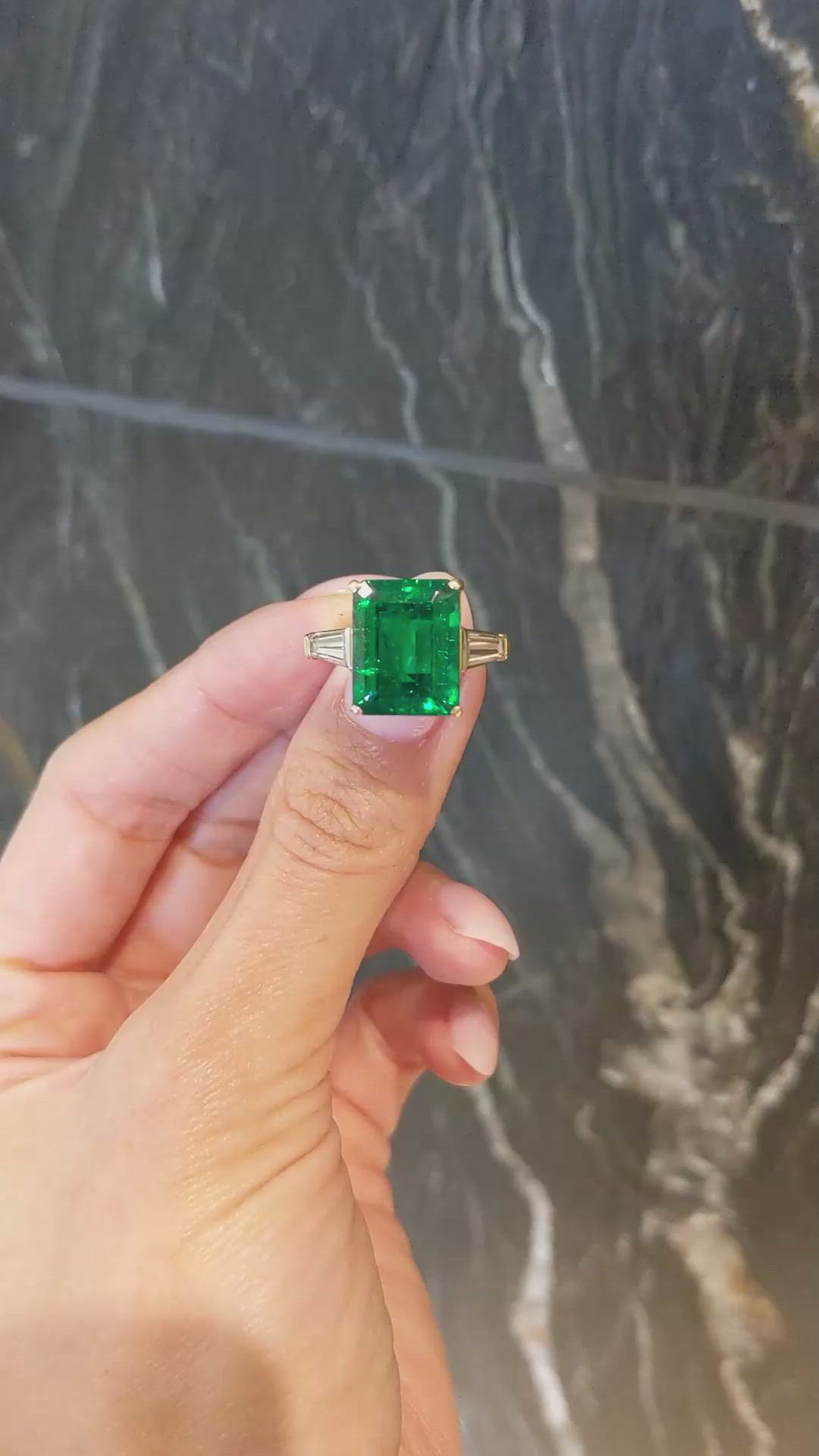 6.72 Ct. Emerald and Natural Diamond Three Stone Ring, 18K White & Yellow Size Video
