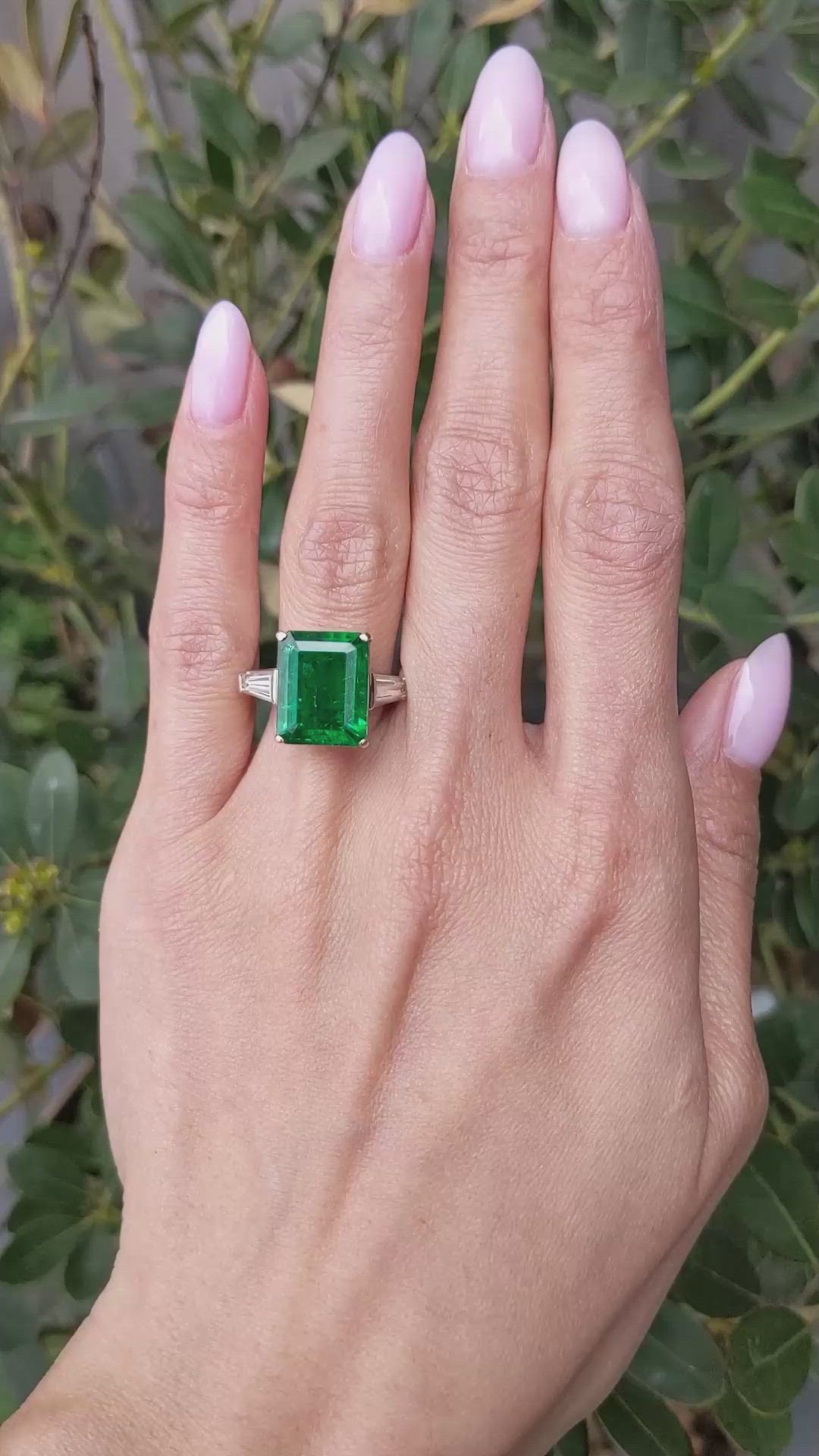 6.72 Ct. Emerald and Natural Diamond Three Stone Ring, 18K White & Yellow Size Video