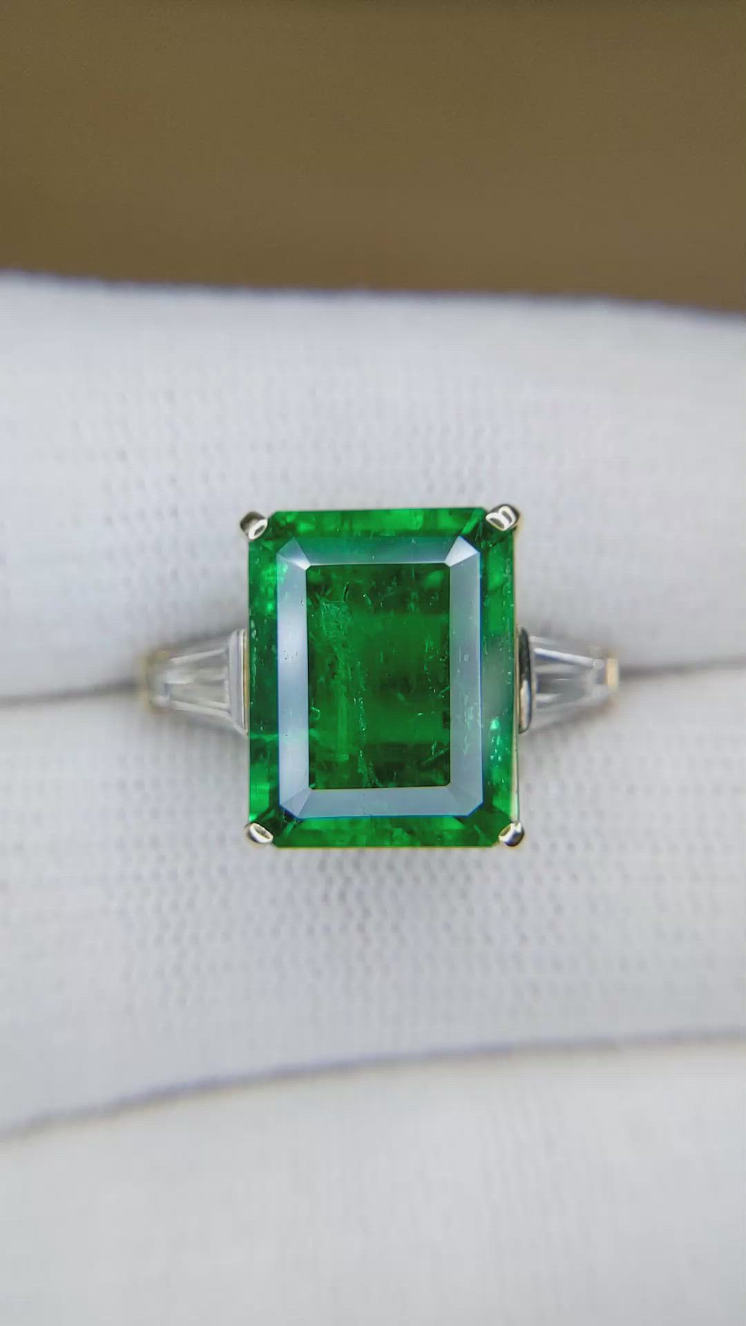 6.72 Ct. Emerald and Natural Diamond Three Stone Ring, 18K White & Yellow Size Video