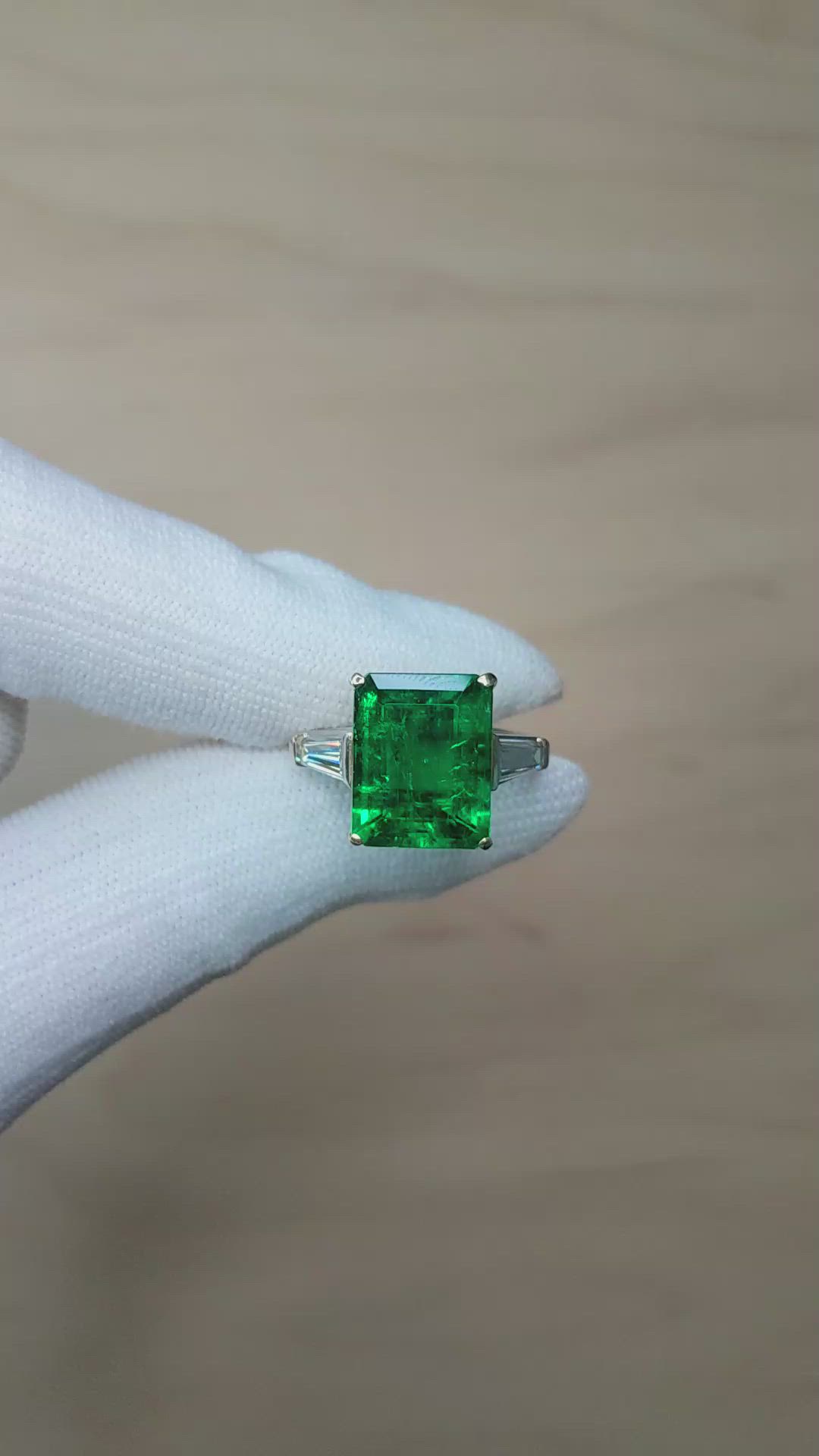 6.72 Ct. Emerald and Natural Diamond Three Stone Ring, 18K White & Yellow Size Video