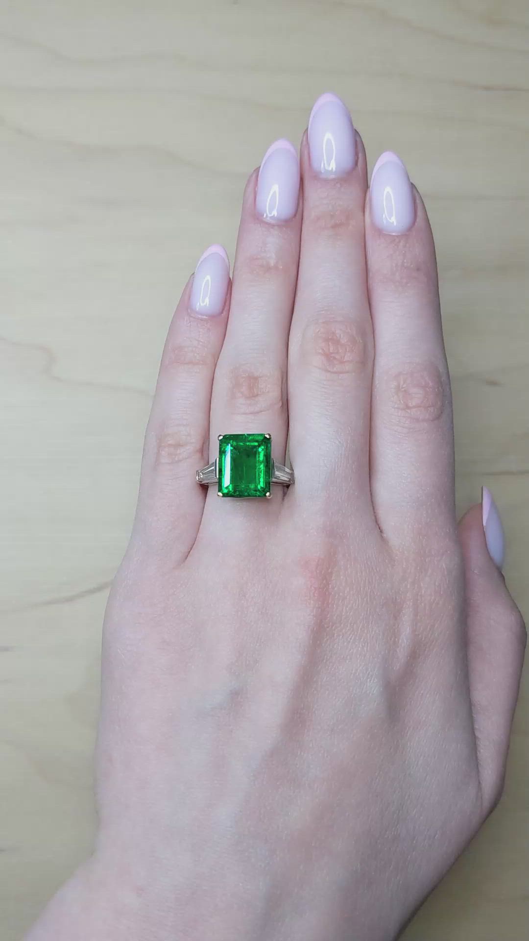 6.72 Ct. Emerald and Natural Diamond Three Stone Ring, 18K White & Yellow Size Video