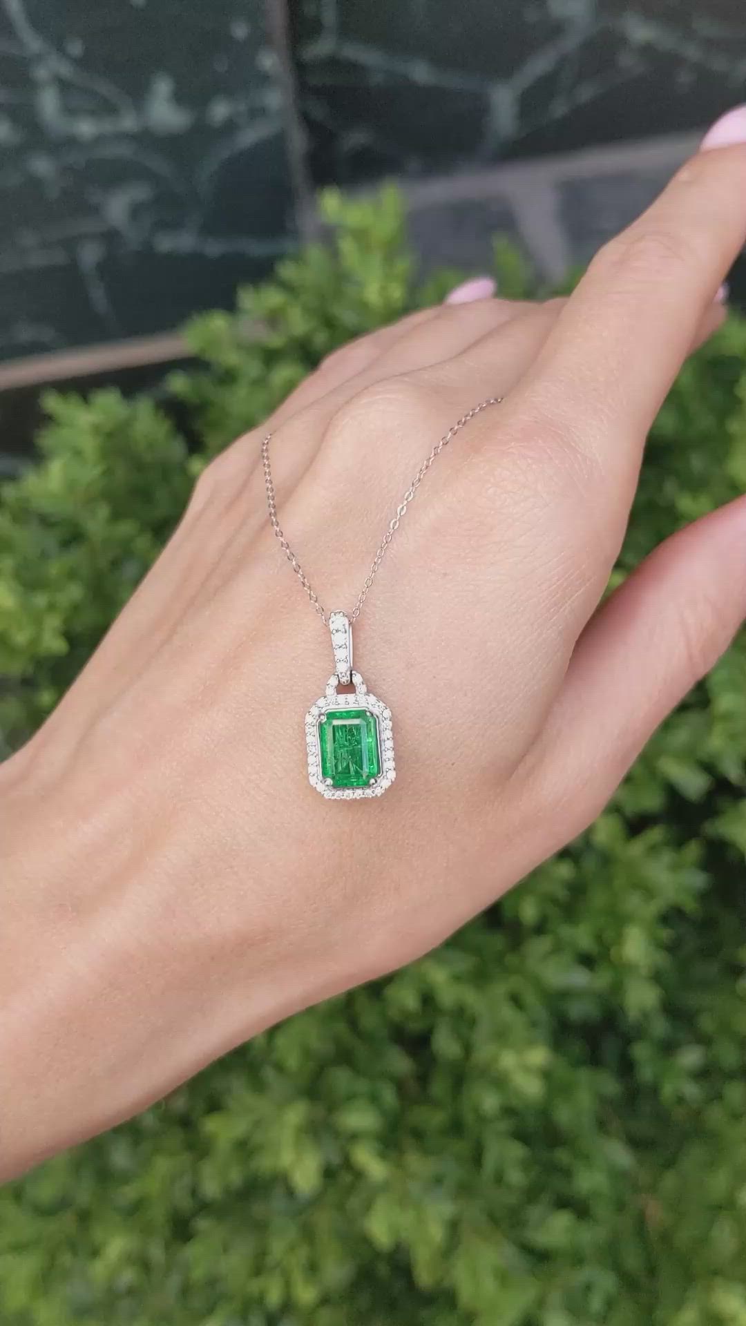 1.92 Ct. Emerald and Natural Diamond Pave Pendant, 14K White Gold Size Video