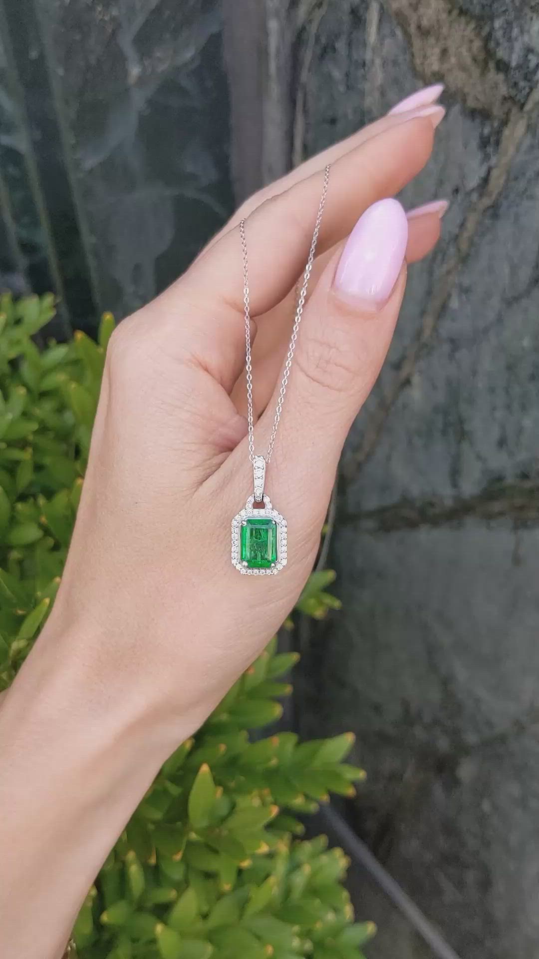 1.92 Ct. Emerald and Natural Diamond Pave Pendant, 14K White Gold Size Video