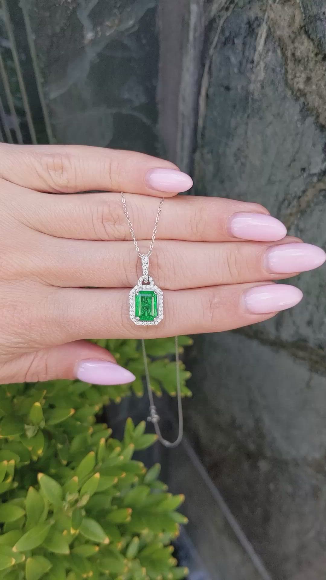 1.92 Ct. Emerald and Natural Diamond Pave Pendant, 14K White Gold Size Video