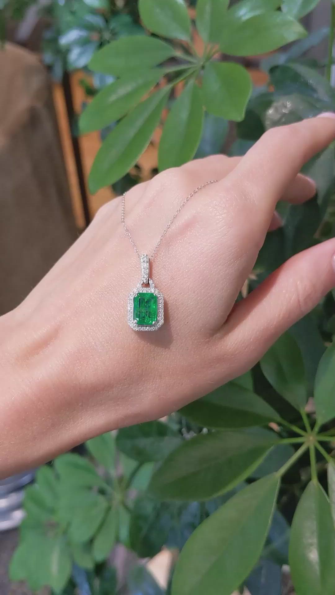 1.92 Ct. Emerald and Natural Diamond Pave Pendant, 14K White Gold Size Video