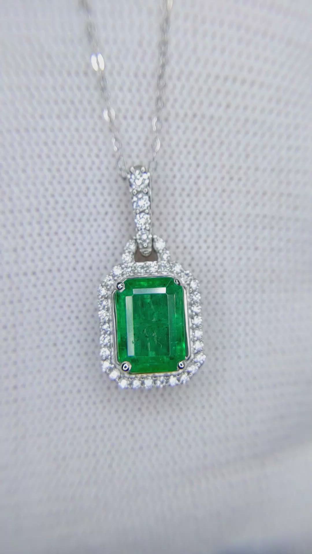 1.92 Ct. Emerald and Natural Diamond Pave Pendant, 14K White Gold Size Video