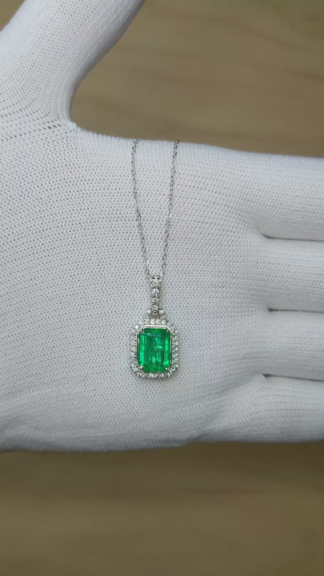 1.92 Ct. Emerald and Natural Diamond Pave Pendant, 14K White Gold Size Video