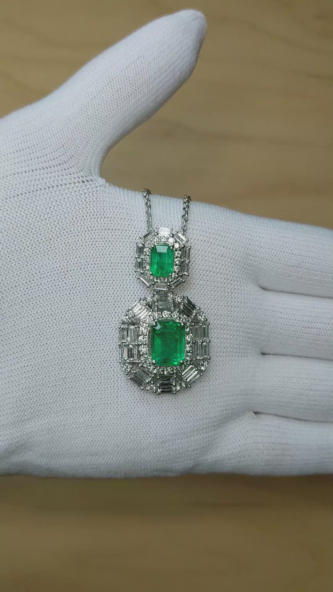 3.10 Ct. Emerald and Natural Diamond Pave Pendant, 14K White Gold Size Video