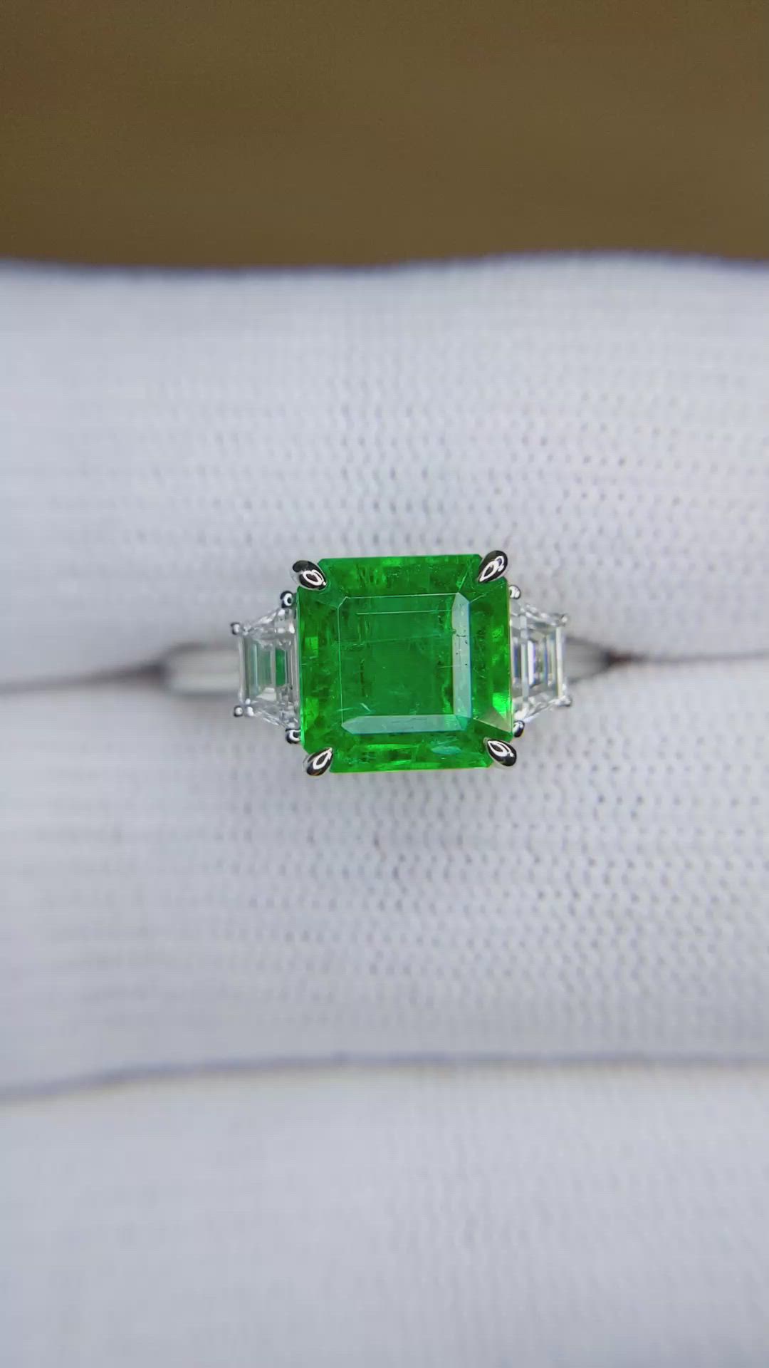2.87 Ct. Emerald and Natural Diamond Three Stone Ring, Platinum 950 Size Video