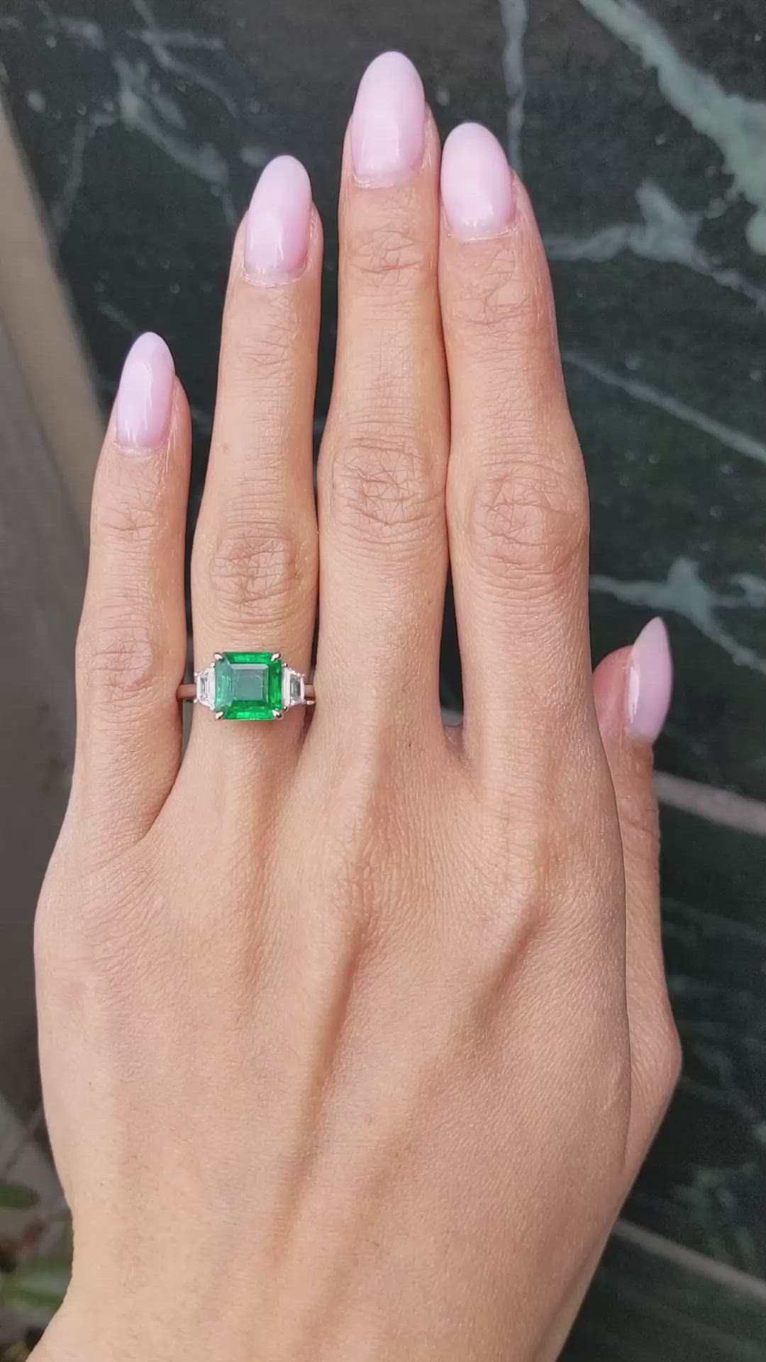 2.87 Ct. Emerald and Natural Diamond Three Stone Ring, Platinum 950 Size Video