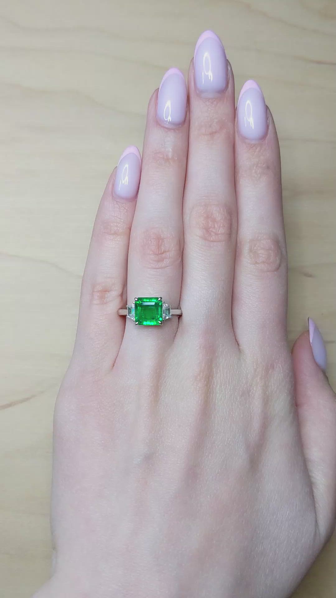 2.87 Ct. Emerald and Natural Diamond Three Stone Ring, Platinum 950 Size Video