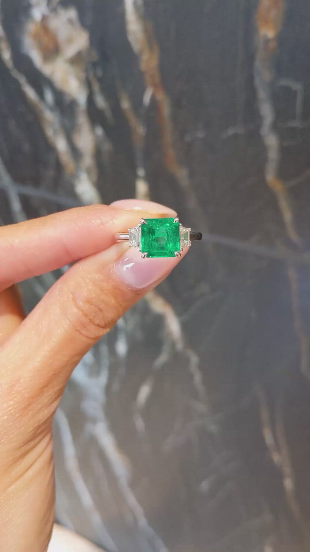 2.87 Ct. Emerald and Natural Diamond Three Stone Ring, Platinum 950 Size Video