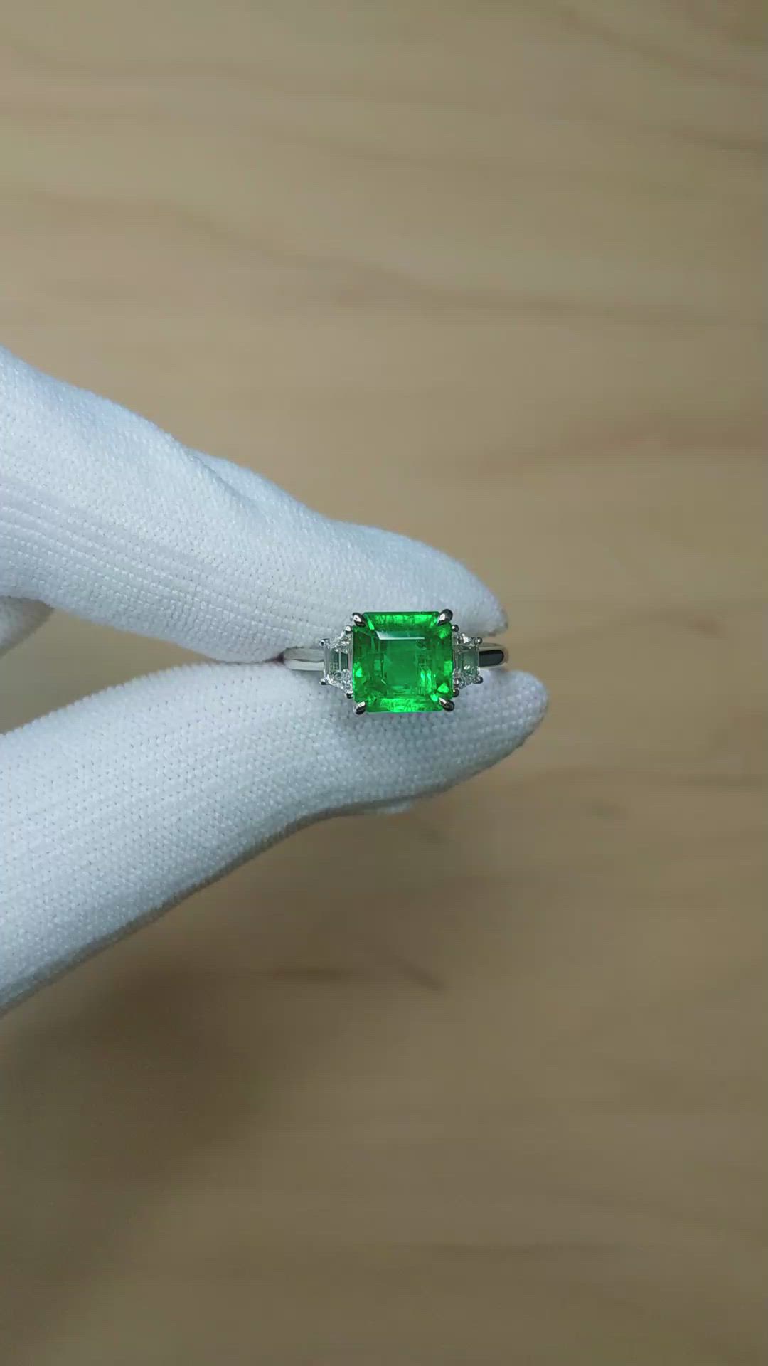 2.87 Ct. Emerald and Natural Diamond Three Stone Ring, Platinum 950 Size Video