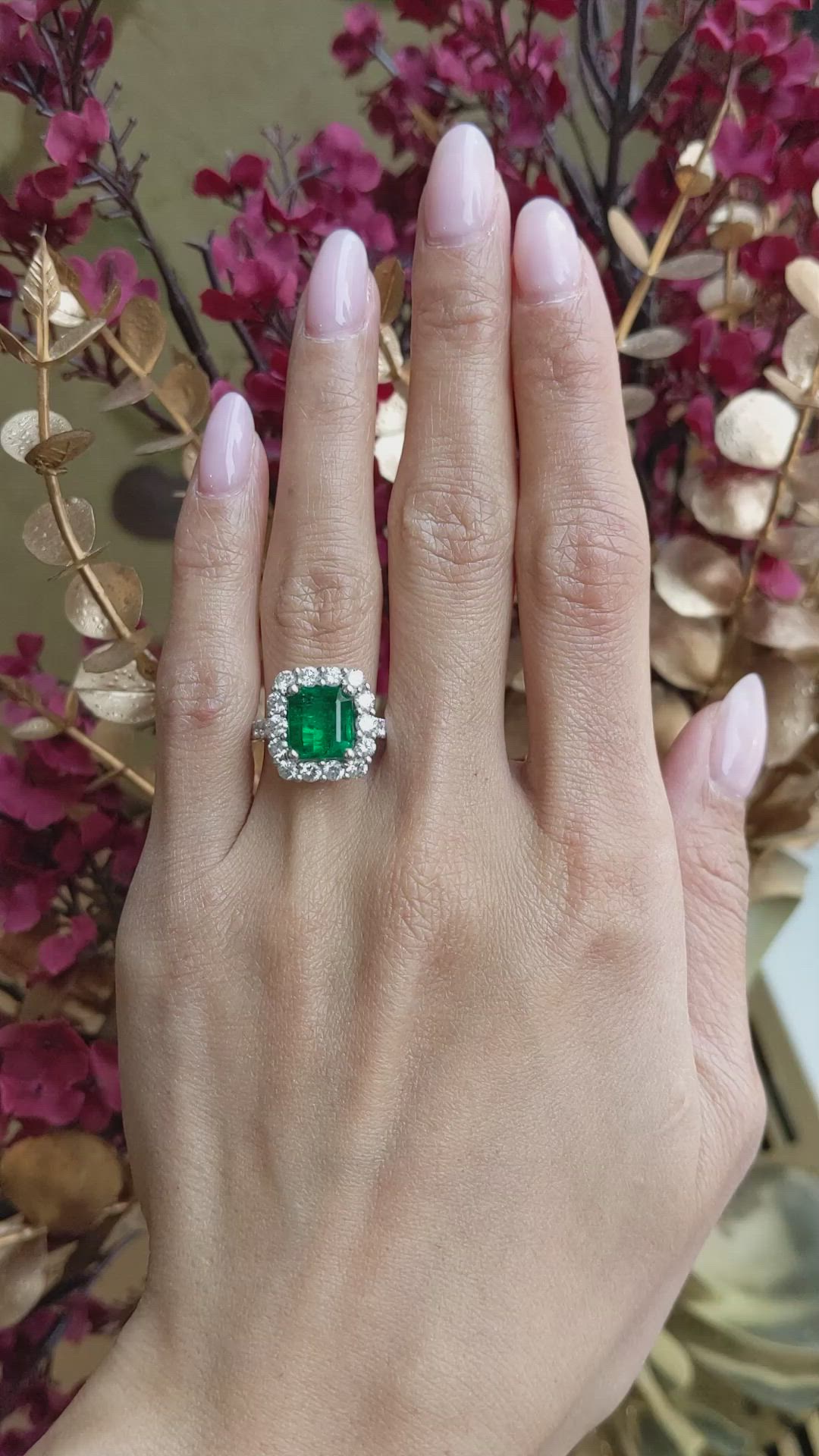 3.40 Ct. Emerald and Natural Diamond Pave Ring, Platinum 950 Size Video