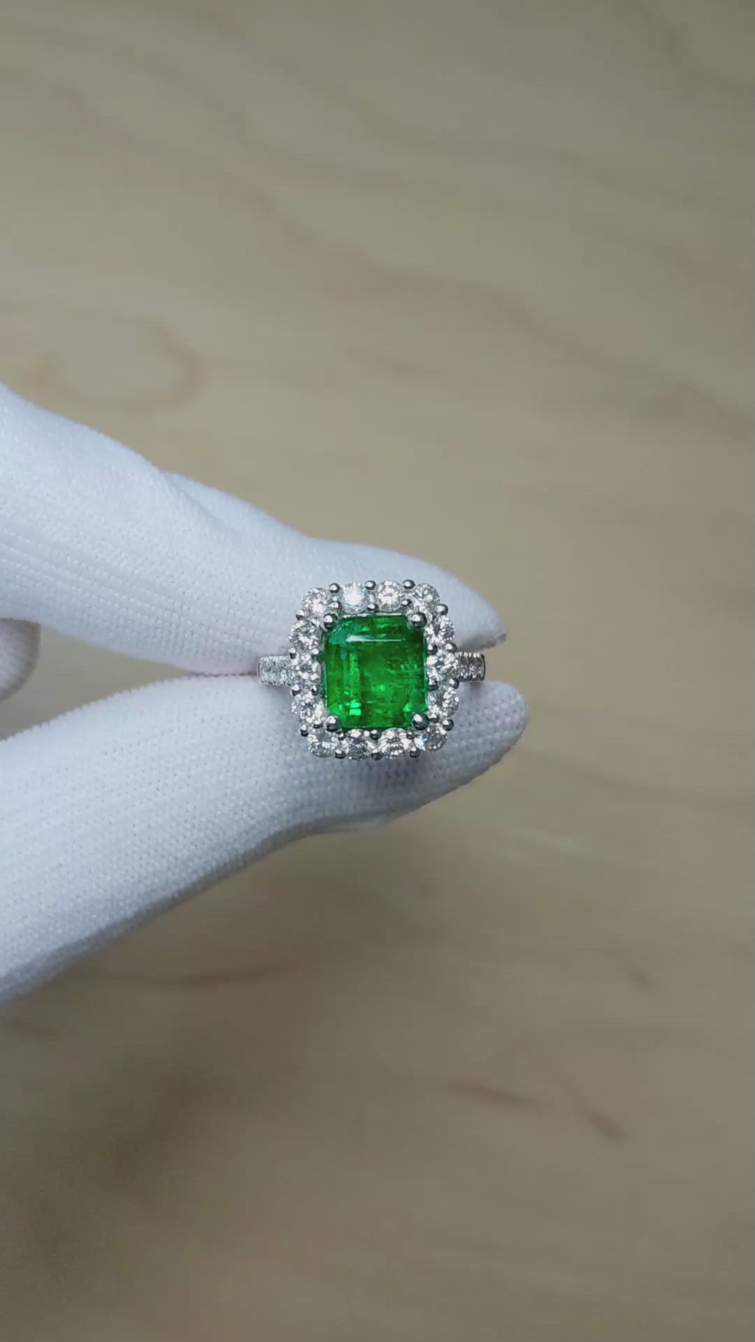 3.40 Ct. Emerald and Natural Diamond Pave Ring, Platinum 950 Size Video
