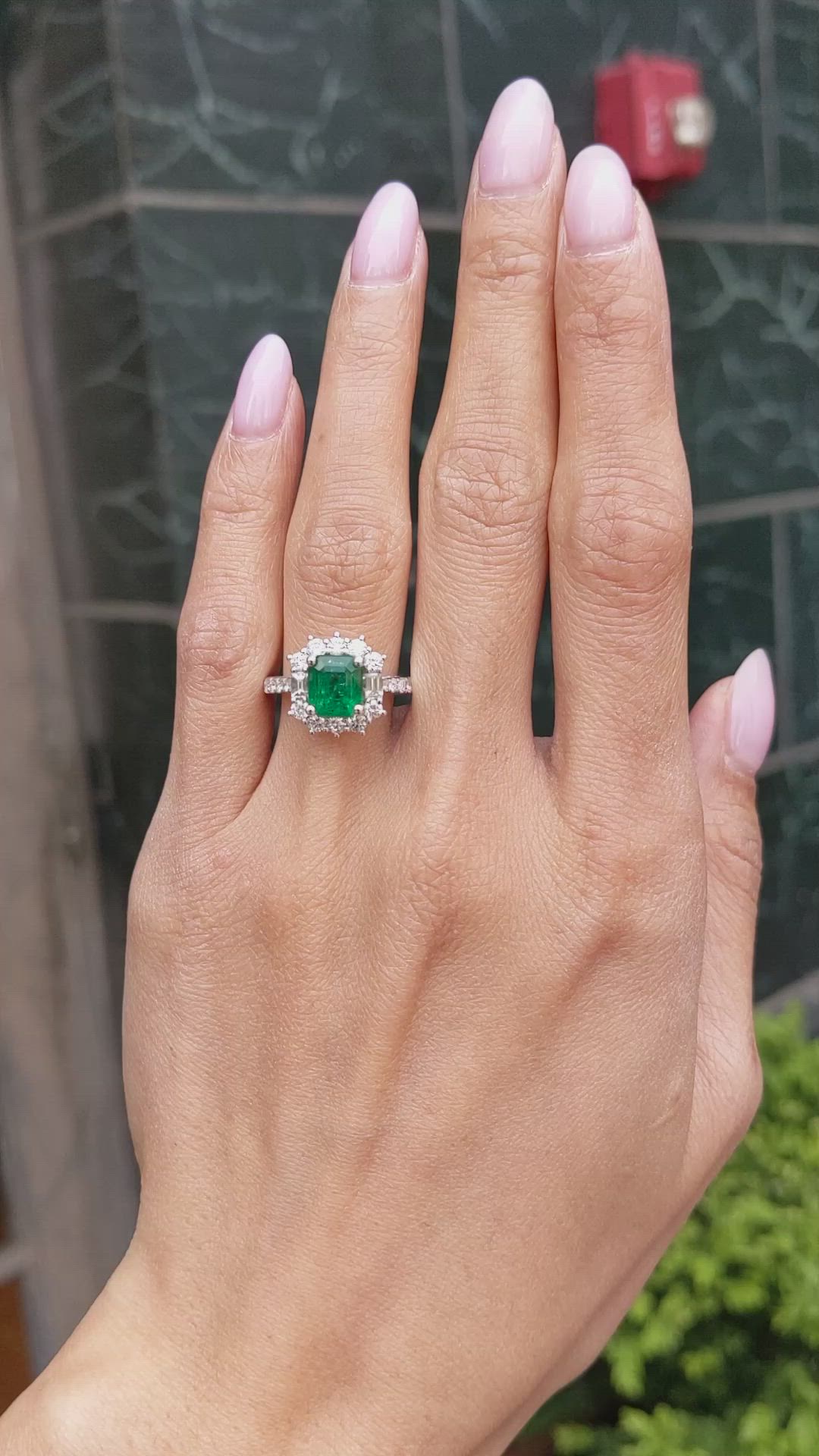 1.87 Ct. Emerald and Natural Diamond Pave Ring, 18K White Gold Size Video
