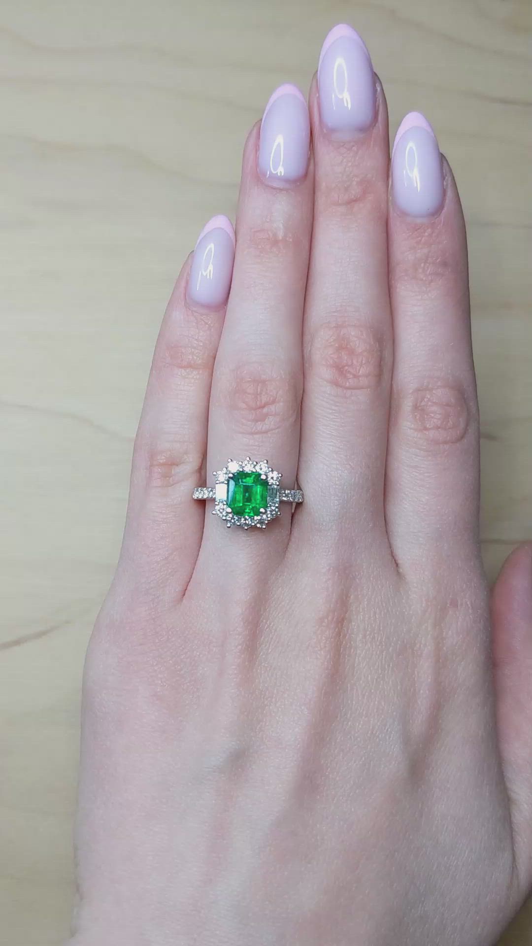 1.87 Ct. Emerald and Natural Diamond Pave Ring, 18K White Gold Size Video