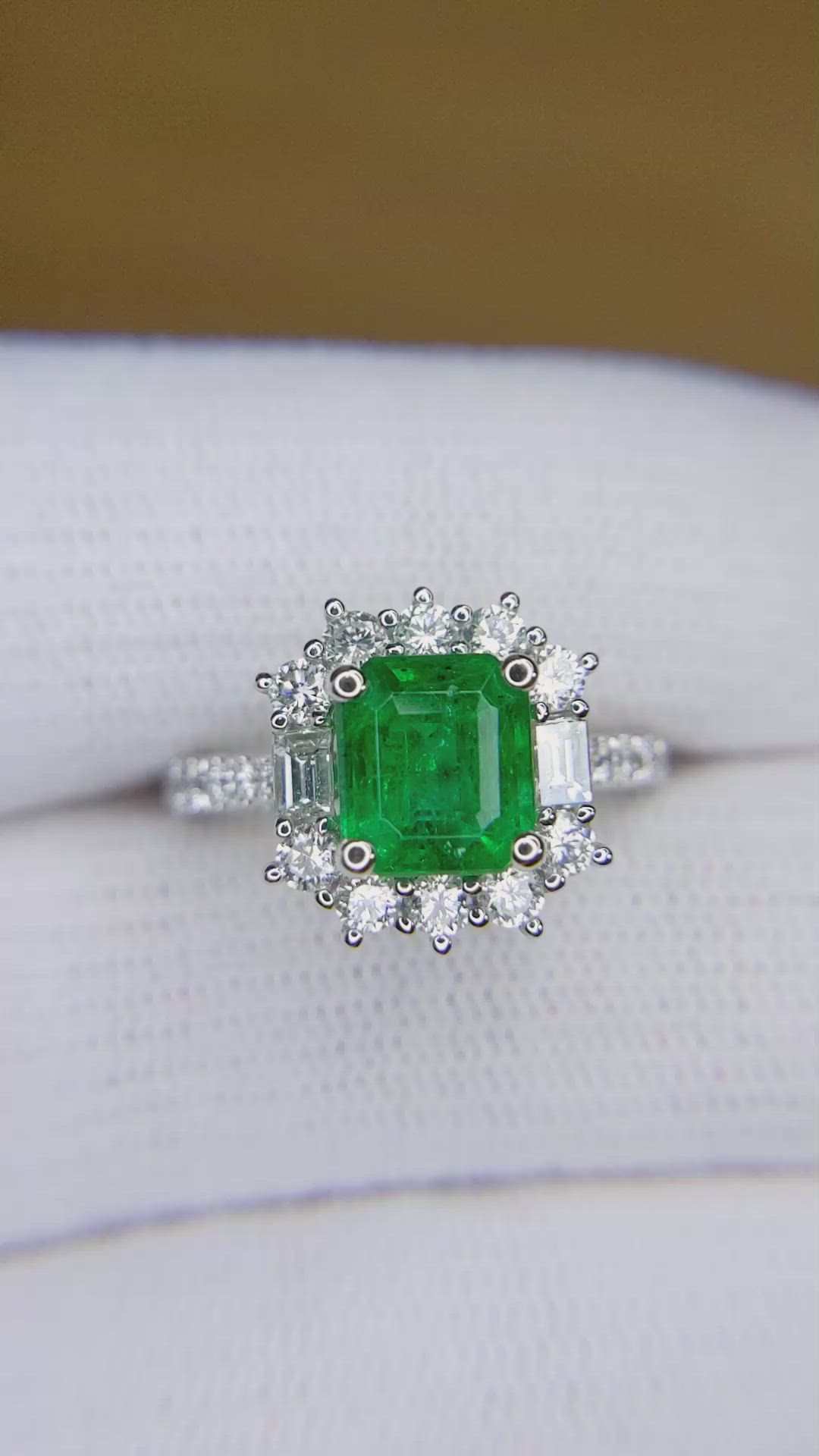 1.87 Ct. Emerald and Natural Diamond Pave Ring, 18K White Gold Size Video