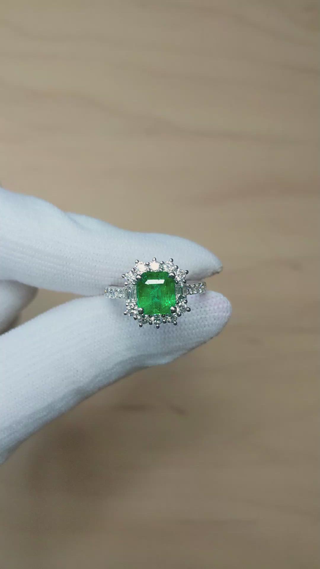 1.87 Ct. Emerald and Natural Diamond Pave Ring, 18K White Gold Size Video