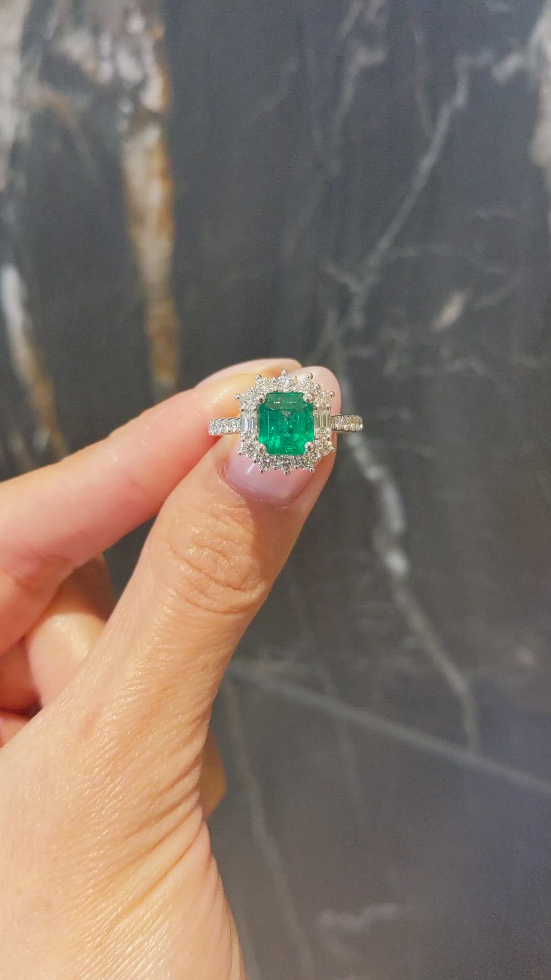 1.87 Ct. Emerald and Natural Diamond Pave Ring, 18K White Gold Size Video