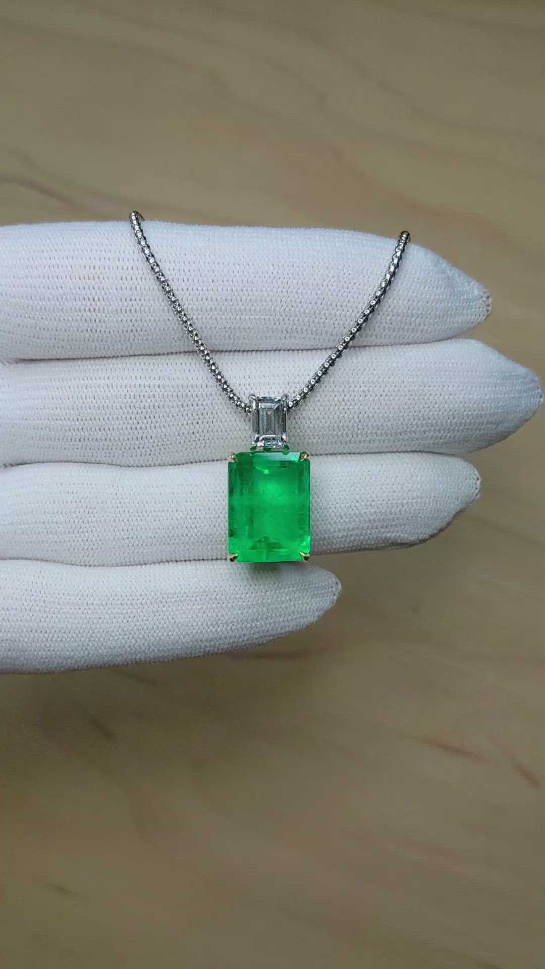 13.60 Ct. Emerald and Natural Diamond Accent Stones Pendant, 18K Yellow & White Size Video