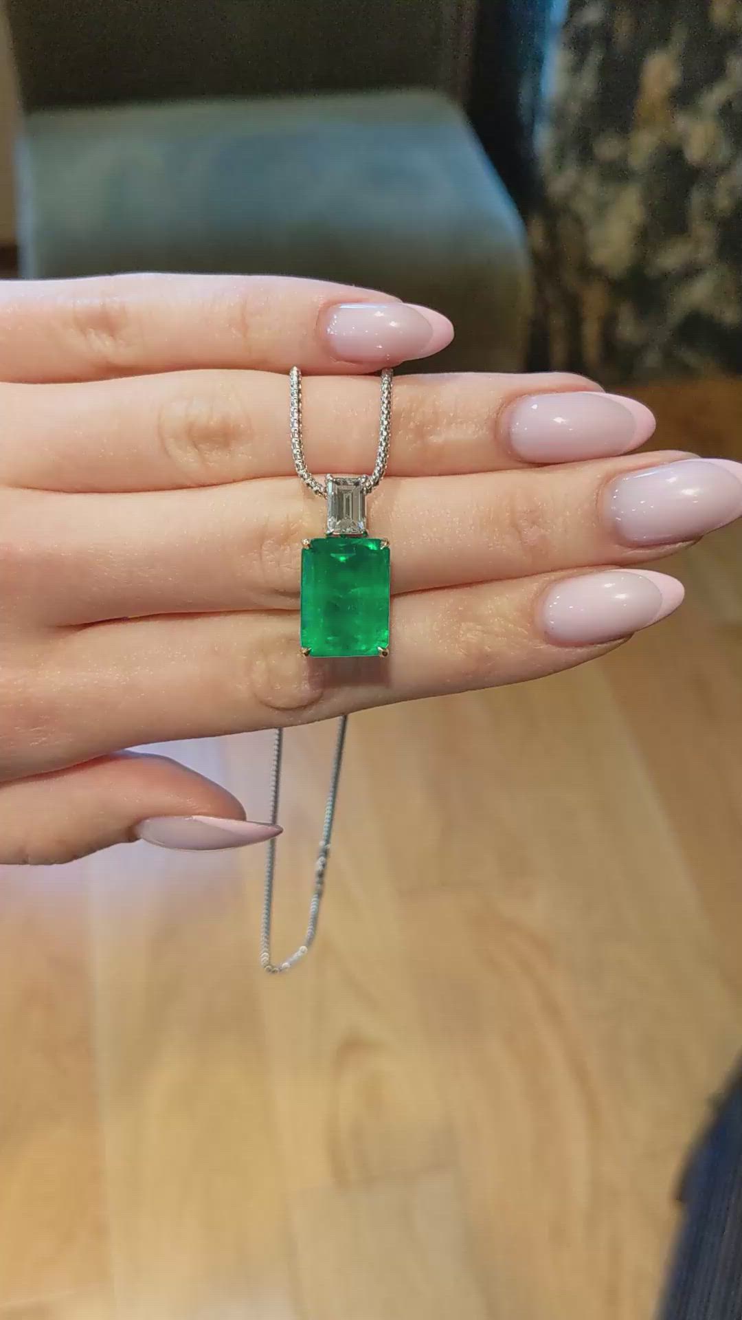 13.60 Ct. Emerald and Natural Diamond Accent Stones Pendant, 18K Yellow & White Size Video