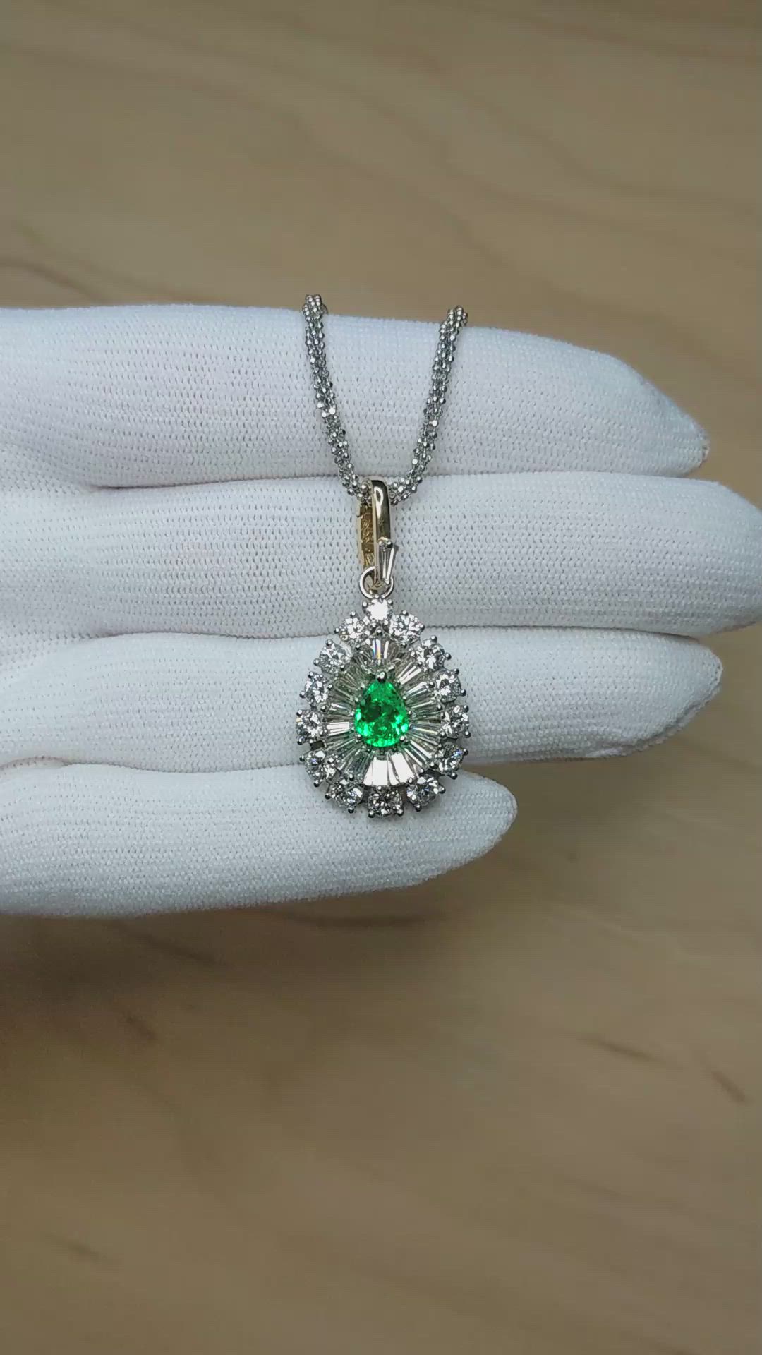 0.75 Ct. Emerald and Natural Diamond Pave Pendant, Platinum & 14K Yellow Size Video