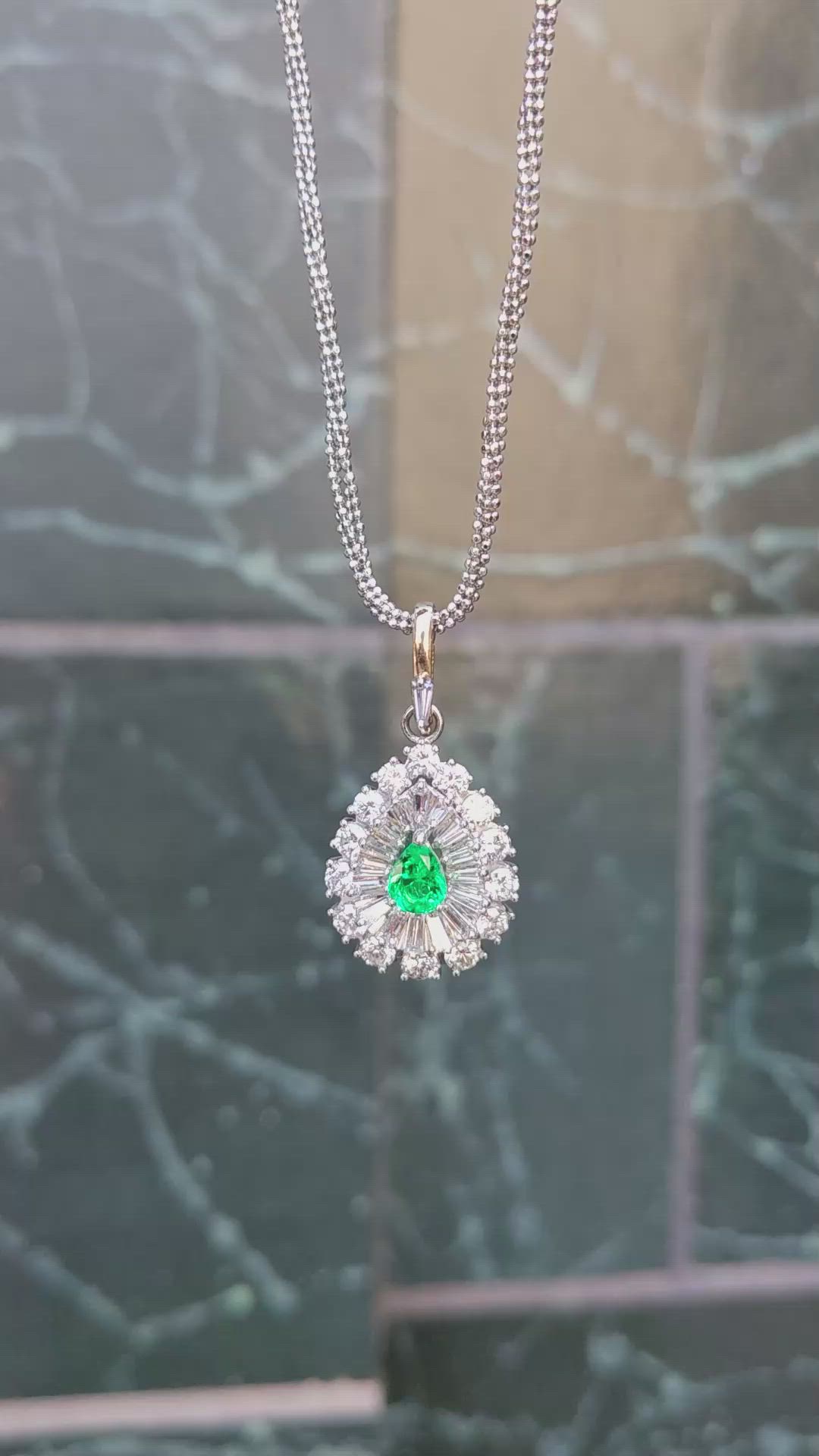 0.75 Ct. Emerald and Natural Diamond Pave Pendant, Platinum & 14K Yellow Size Video