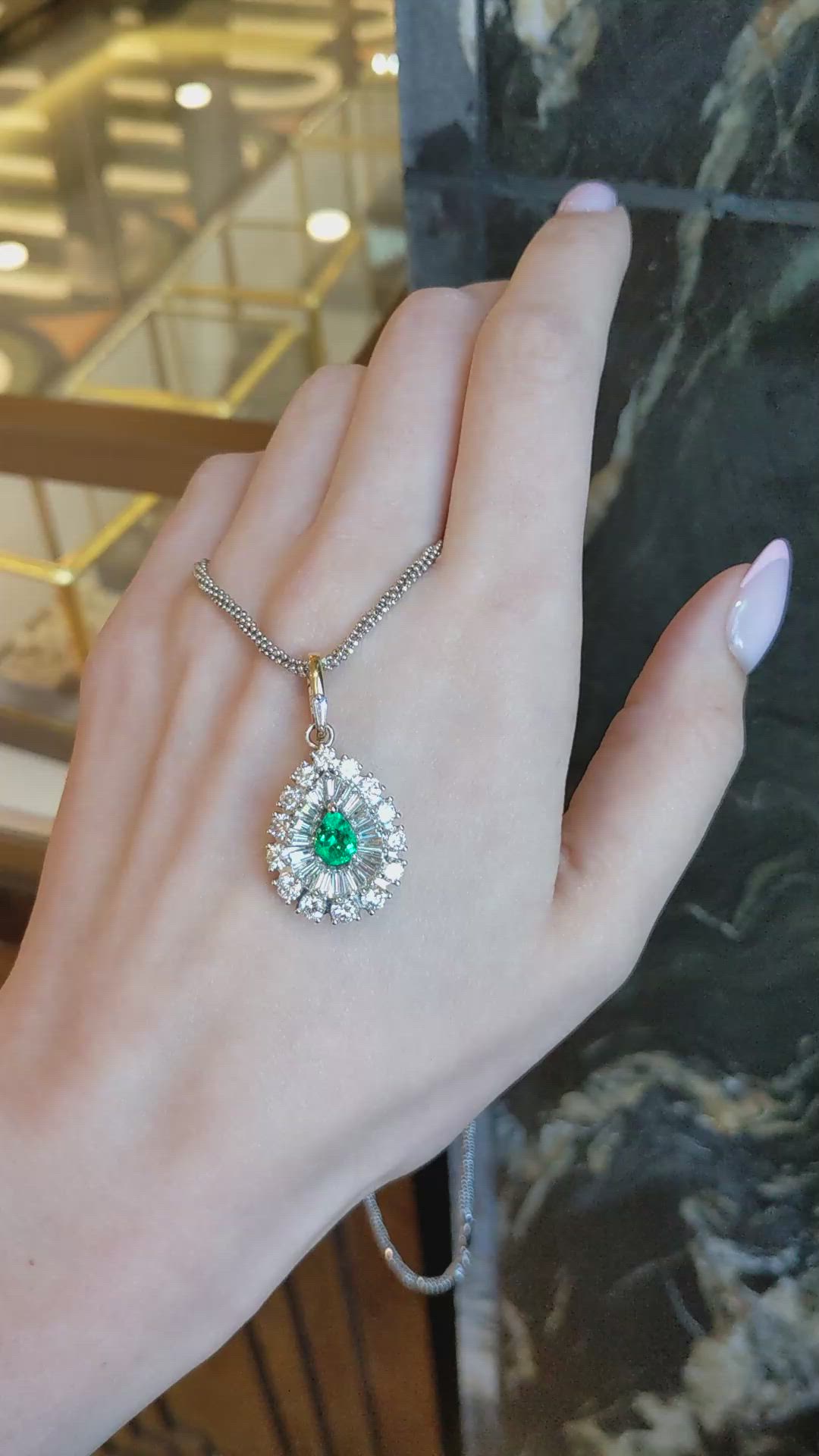 0.75 Ct. Emerald and Natural Diamond Pave Pendant, Platinum & 14K Yellow Size Video