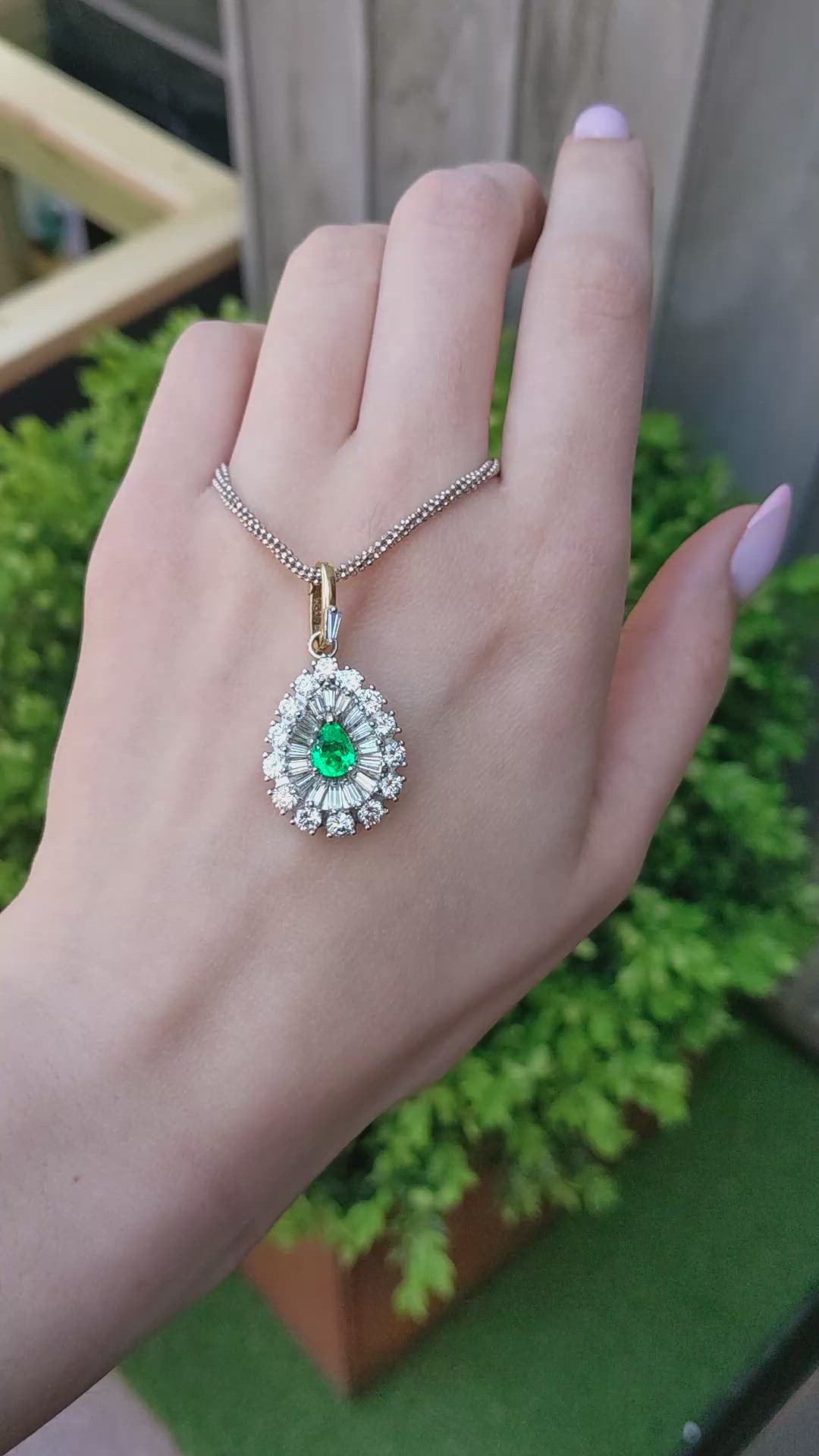 0.75 Ct. Emerald and Natural Diamond Pave Pendant, Platinum & 14K Yellow Size Video
