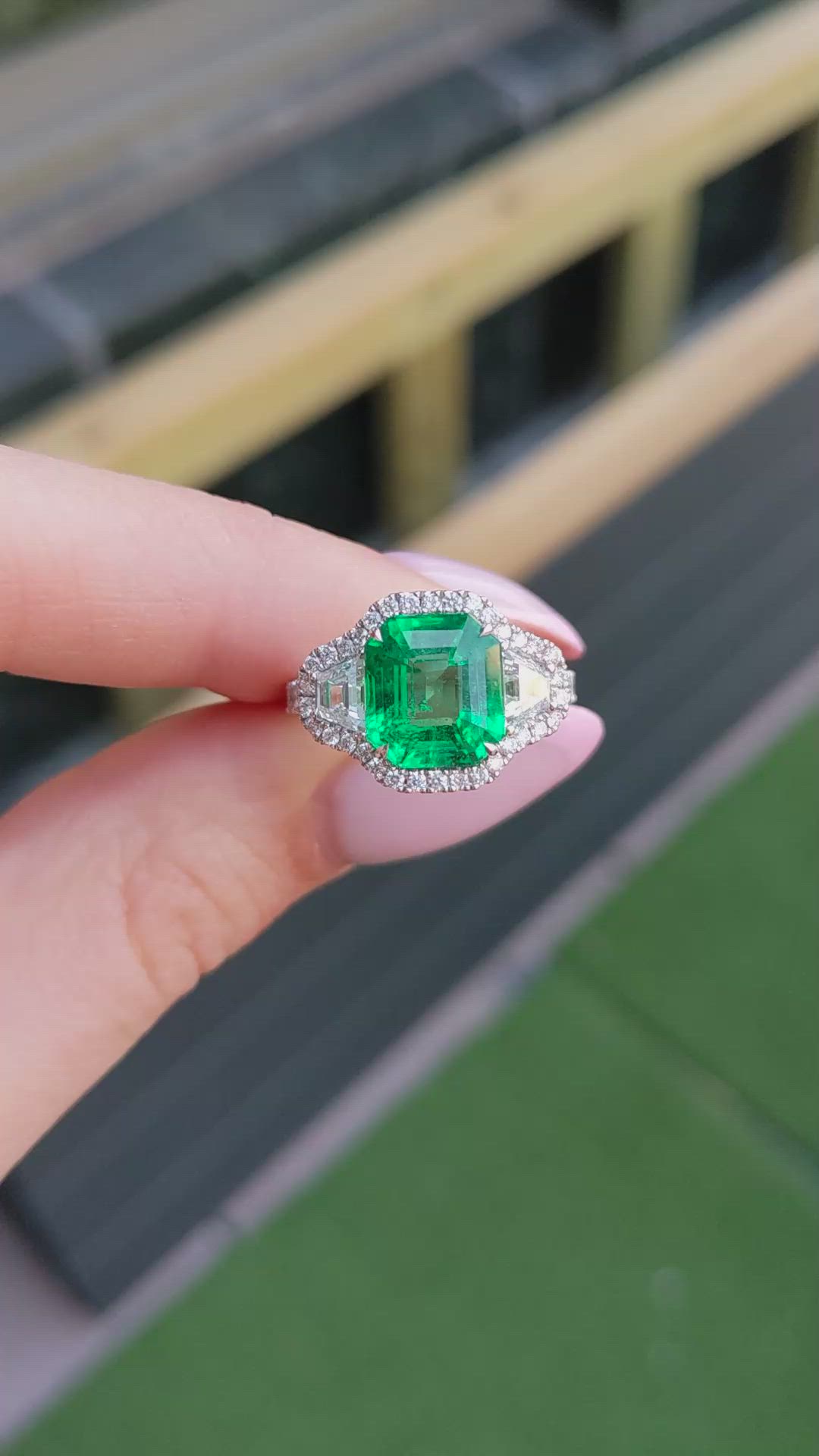 4.08 Ct. Emerald and Natural Diamond Pave Ring, 18K White Gold Size Video