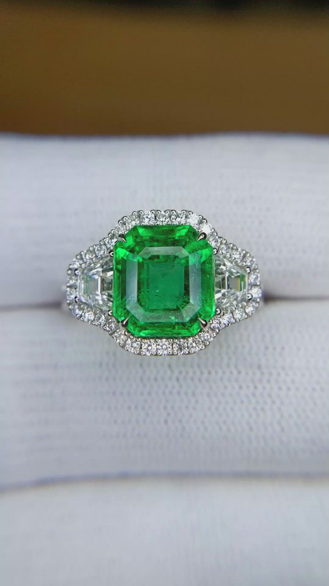 4.08 Ct. Emerald and Natural Diamond Pave Ring, 18K White Gold Size Video
