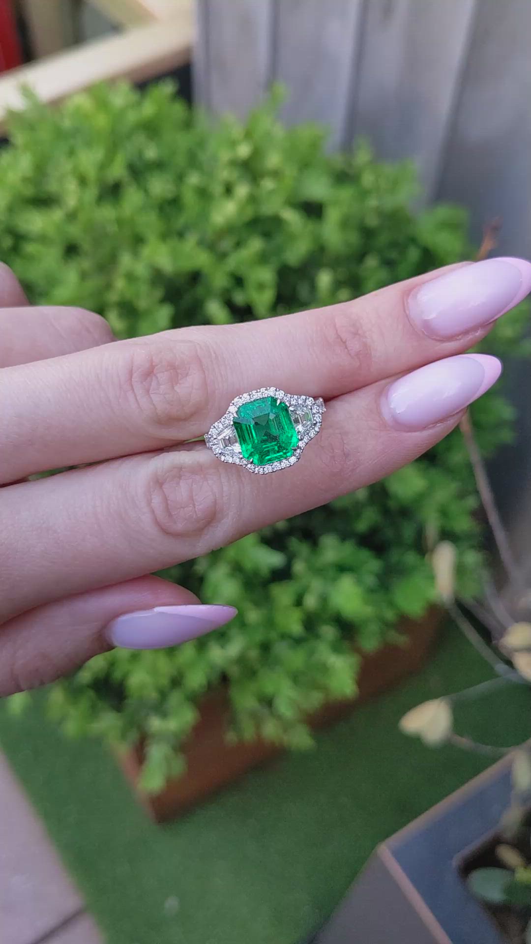 4.08 Ct. Emerald and Natural Diamond Pave Ring, 18K White Gold Size Video
