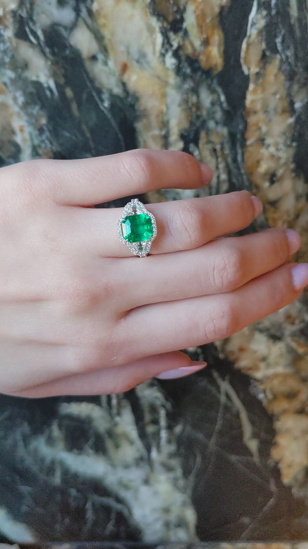 4.08 Ct. Emerald and Natural Diamond Pave Ring, 18K White Gold Size Video