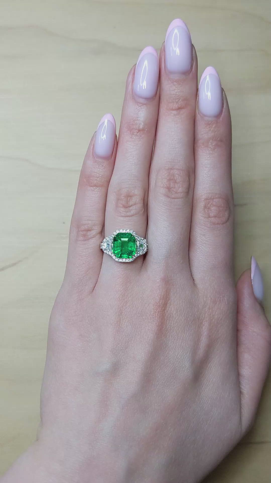 4.08 Ct. Emerald and Natural Diamond Pave Ring, 18K White Gold Size Video