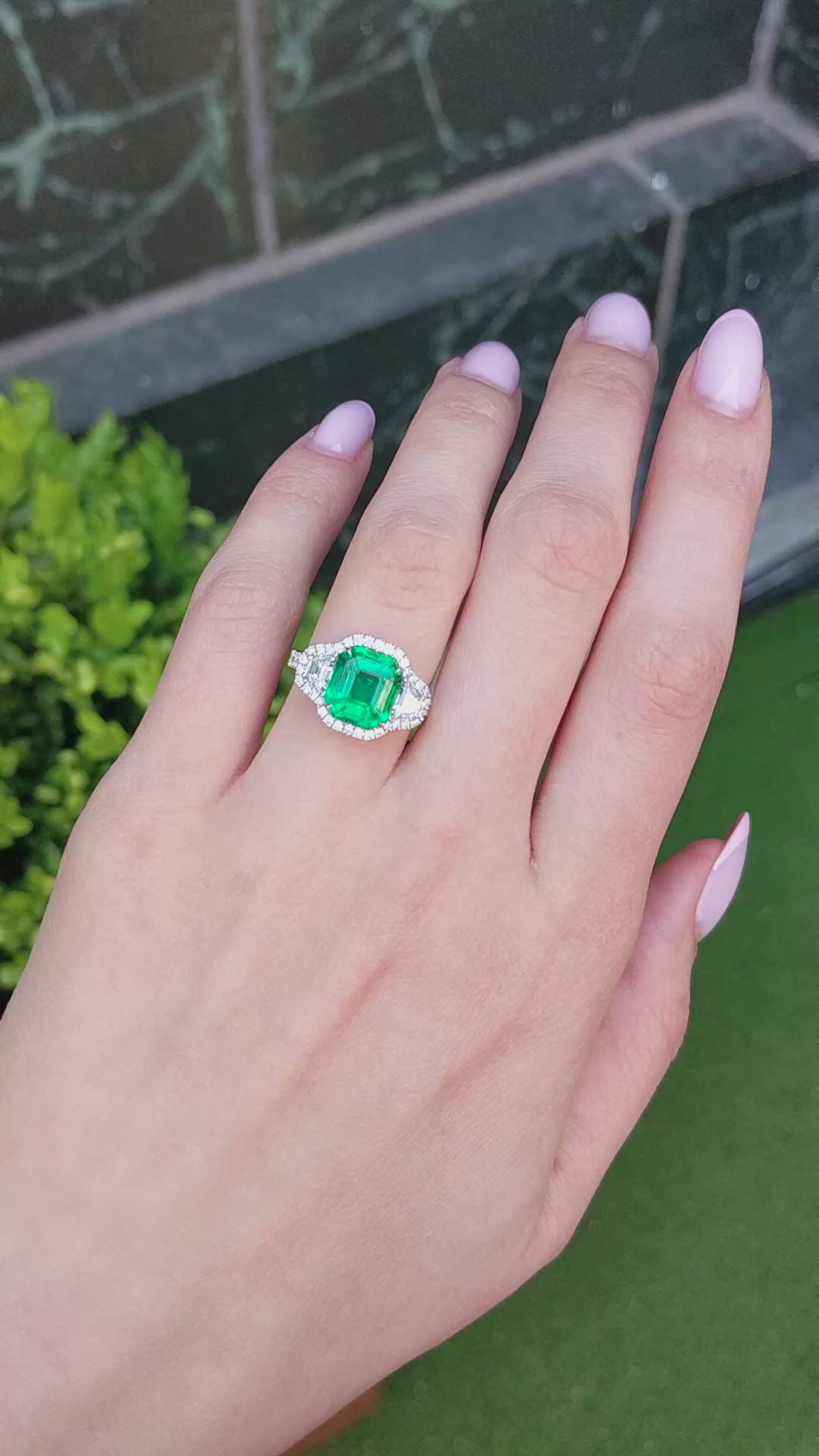 4.08 Ct. Emerald and Natural Diamond Pave Ring, 18K White Gold Size Video