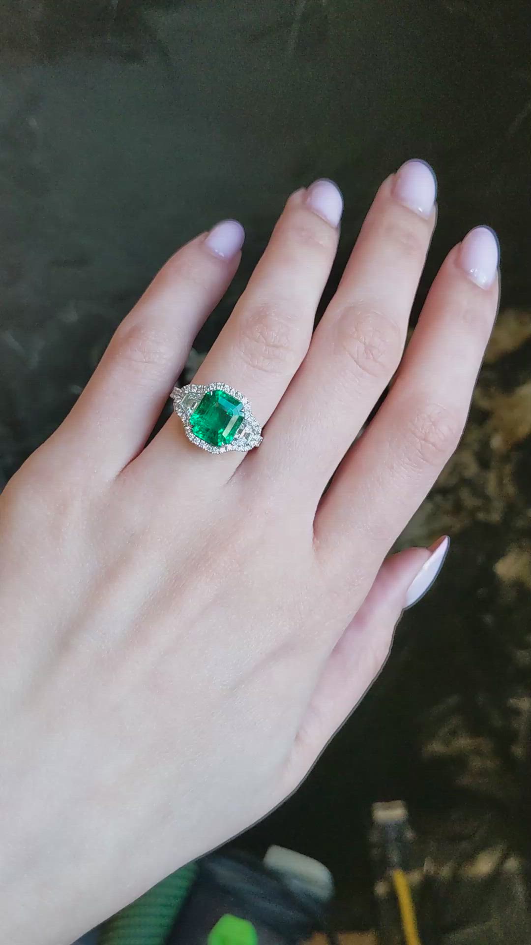 4.08 Ct. Emerald and Natural Diamond Pave Ring, 18K White Gold Size Video