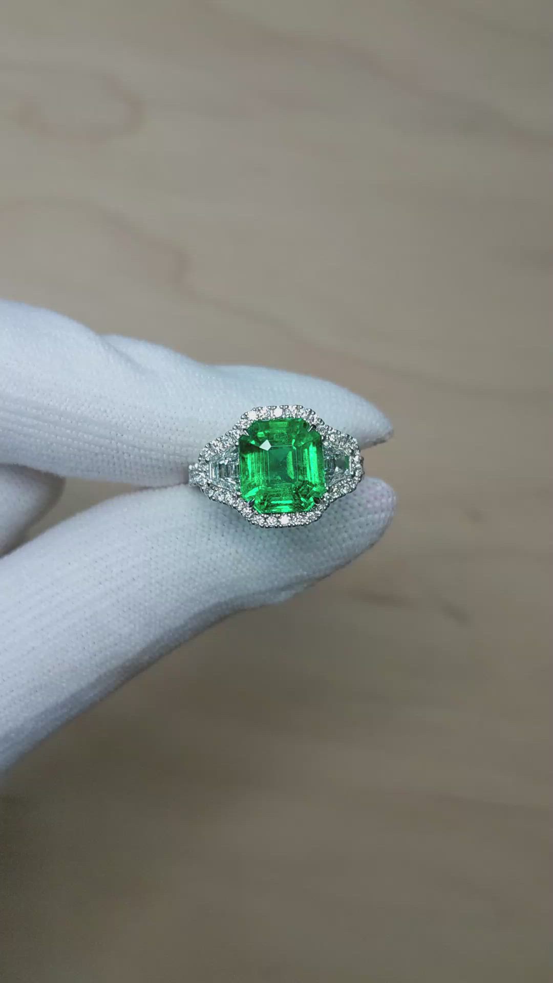 4.08 Ct. Emerald and Natural Diamond Pave Ring, 18K White Gold Size Video
